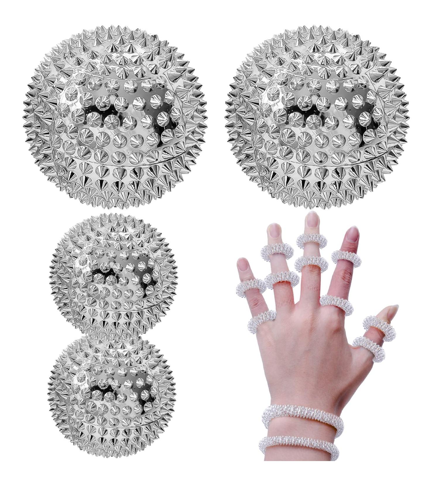 4 Skills Igelball Massage & 10 Massage Rings Set - Acupressure for Stress Relief for All Ages - Silver - Buy Online on GoSupps.com