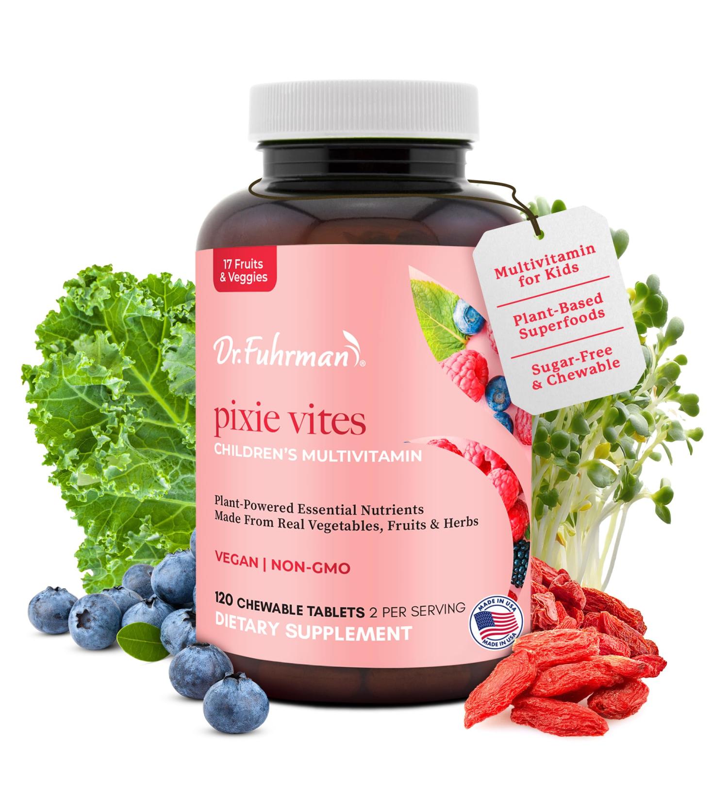 Dr. Fuhrman Pixie Vites Chewable Children's multivitamin | Whole Food Kids Multi with Vitamin D3 K2 & Zinc | Sugar Free Vegan Non-GMO | Organic Natural Fruits and Veggies | Berry Flavor | 120 Tabs - Buy Online on GoSupps.com