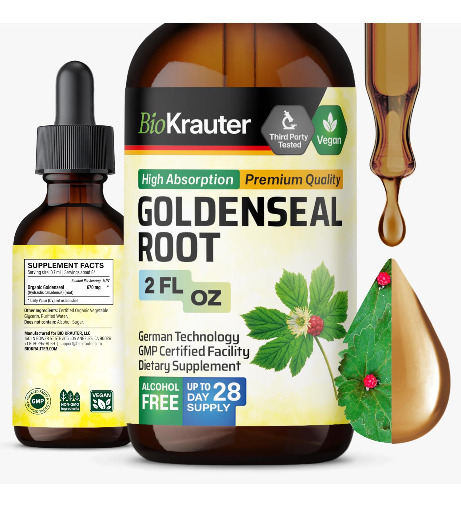 BIO KRAUTER Goldenseal Root - Pure Vegan Goldenseal Tincture 670mg per Serving 2 Fl.Oz 28-Day Supply - Immune & Respiratory Support - Liquid Golden Seal for Digestive Support - Alcohol & Sugar Free 2 Fl Oz (Pack of 1) - Buy Online on GoSupps.com