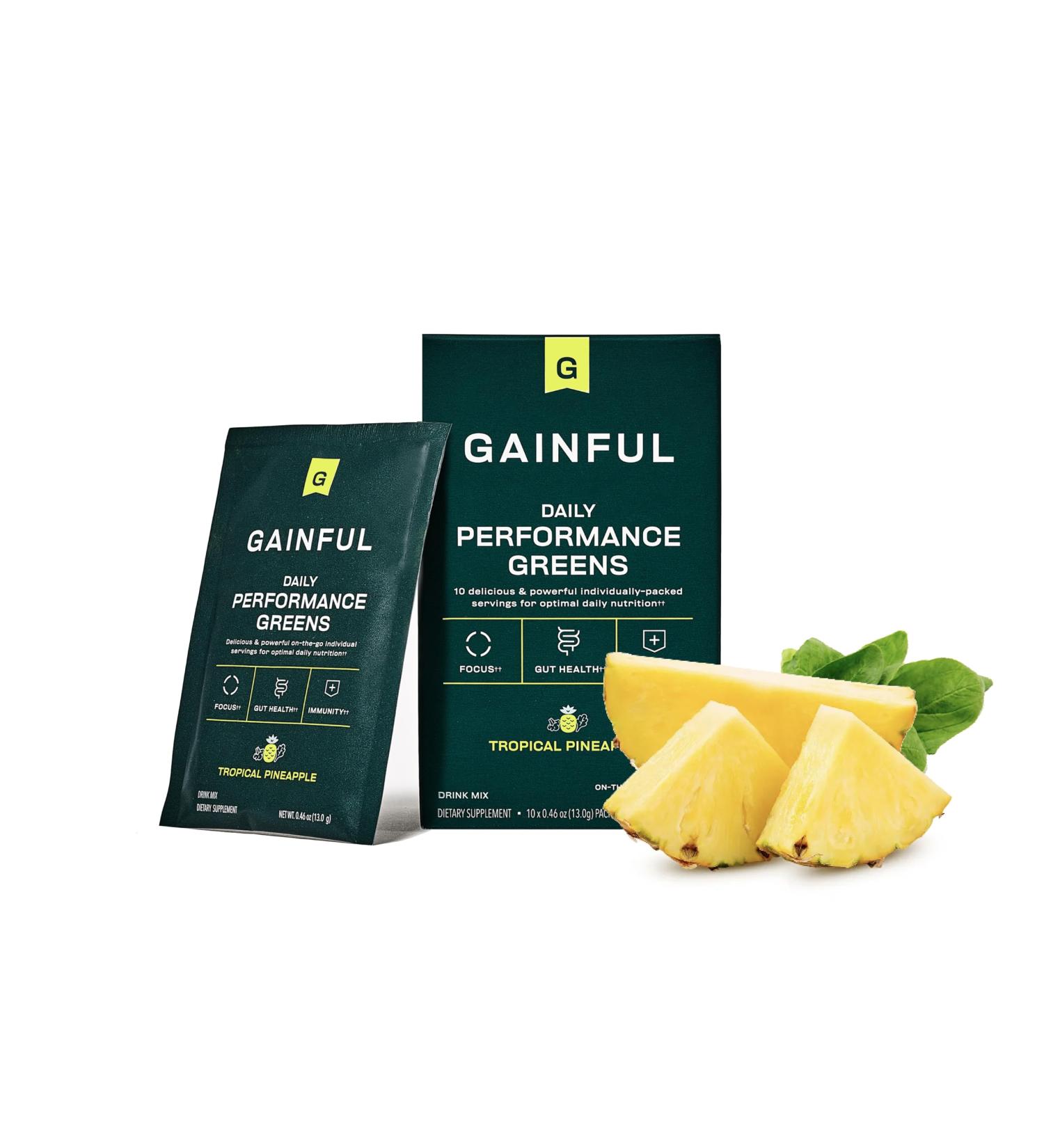 Gainful Daily Performance Greens Powder Gut Health Energy Focus and Immune Support with L Theanine Organic Greens Chlorella Ginger Green + Adaptogen Drink Mix (10 Pack Tropical Pineapple) - Buy Online on GoSupps.com