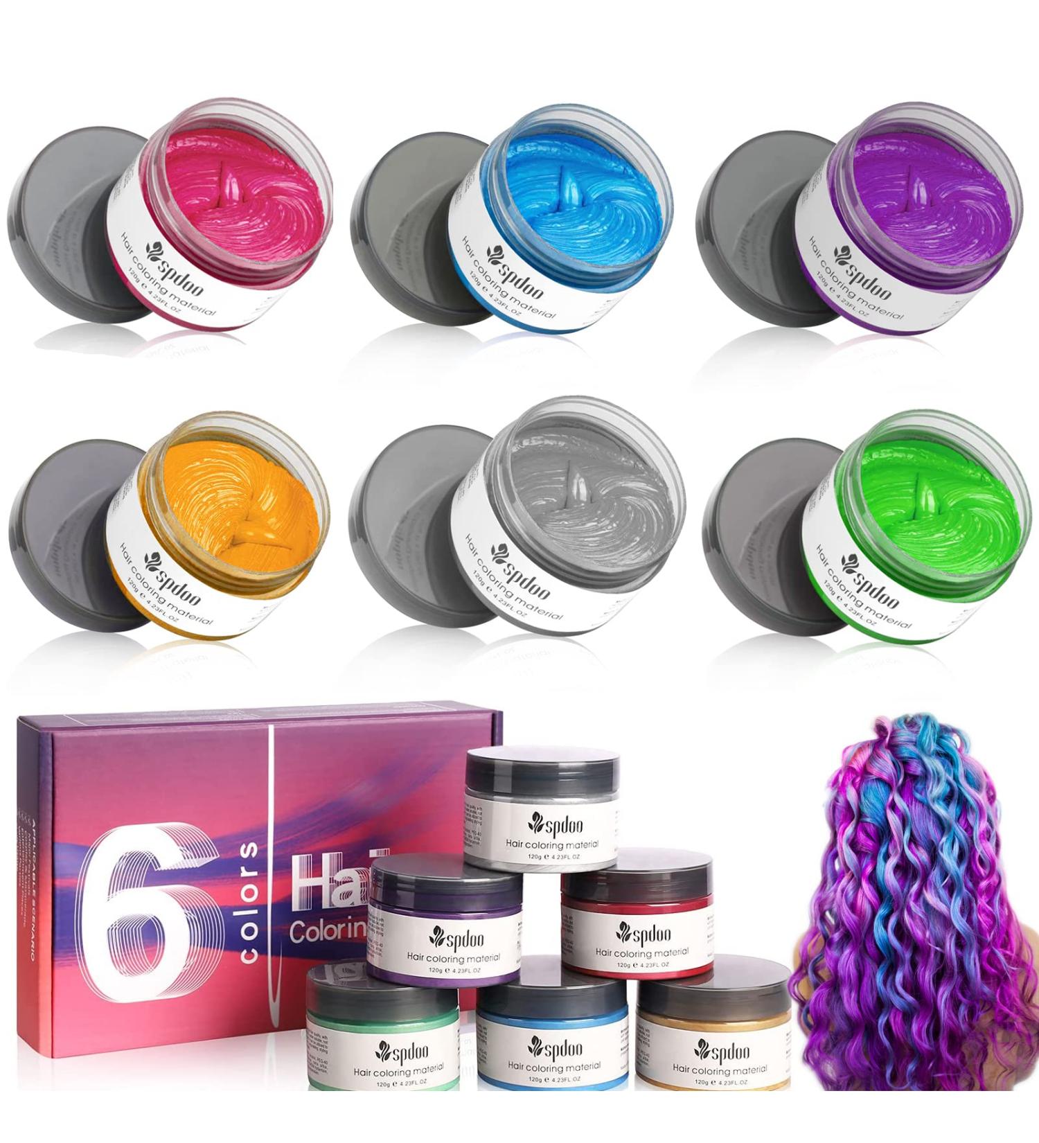 6 Colors Temporary Hair Color Wax for Men Women Kids - Non Permanent Hair Dye for Daily Party, Cosplay, Halloween - Blue, Gray, Green, Gold, Purple, Pink - Buy Online on GoSupps.com