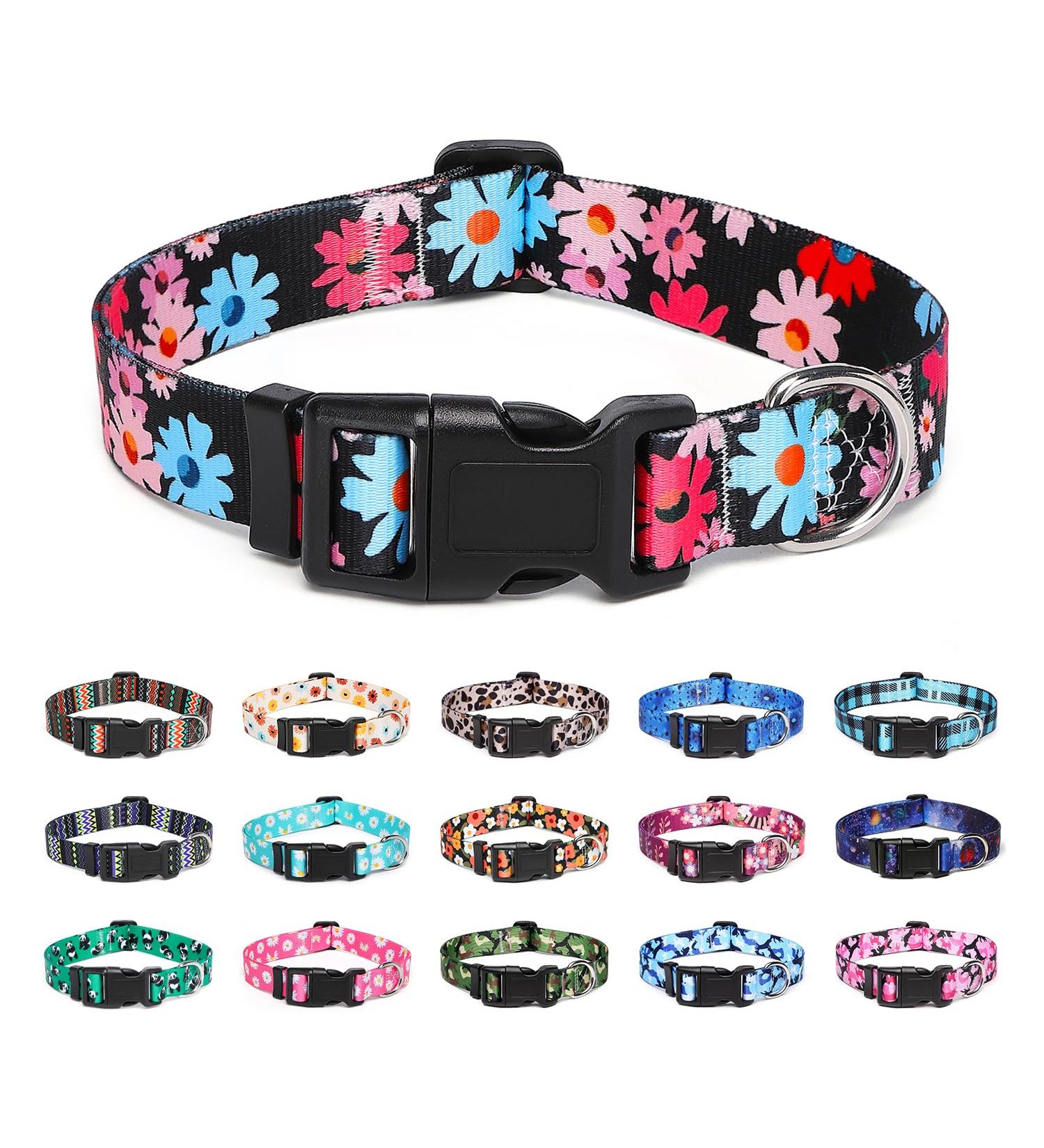 Suredoo Adjustable Dog Collar - Soft Nylon for Small & Medium Dogs | Floral Pink & Blue (M 33-55 cm) - Buy Online on GoSupps.com