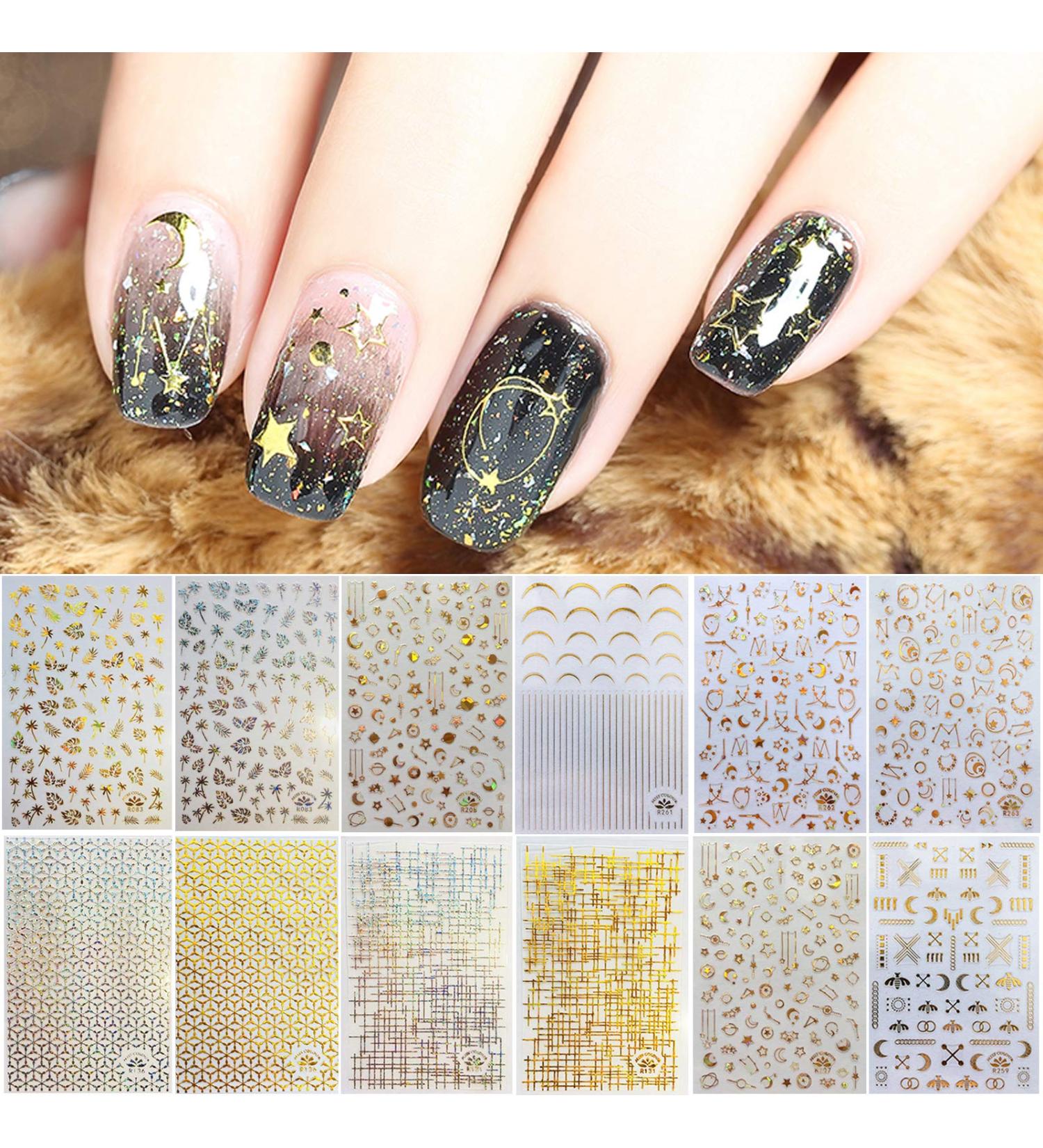 TOROKOM 12 Sheet Metallic Self-Adhesive Nail Stickers - 3D Star Moon Leaf Line Design Decals for Women, Girls | Manicure Fingernail Decorations - Buy Online on GoSupps.com