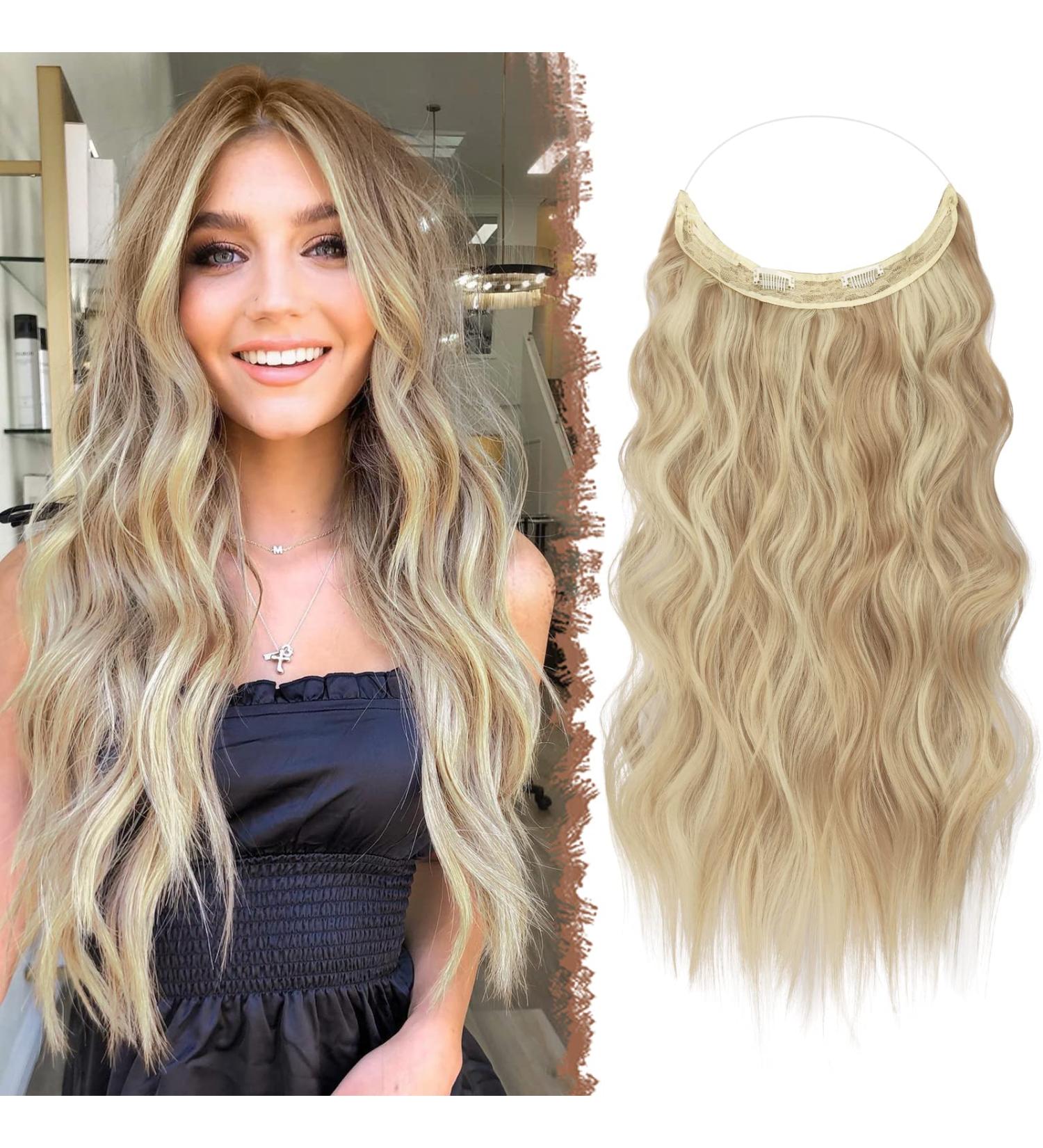 FESHFEN Invisible Wire Hair Extensions 16 Inch Long Wavy Synthetic Hair Piece for Women - Dark Golden Mix Beige Blonde - Buy Online on GoSupps.com
