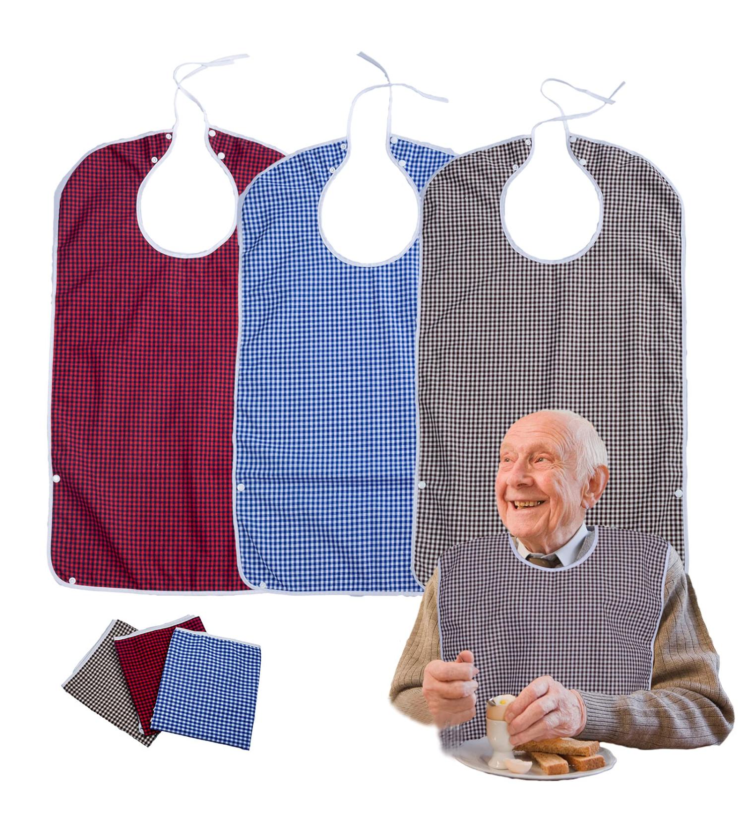Washable Adult Bibs 3PK - Reusable Waterproof Clothing Protectors with Crumb Catcher - Large Feeding Bibs for Adults in Red, Brown, and Blue Plaid - Buy Online on GoSupps.com