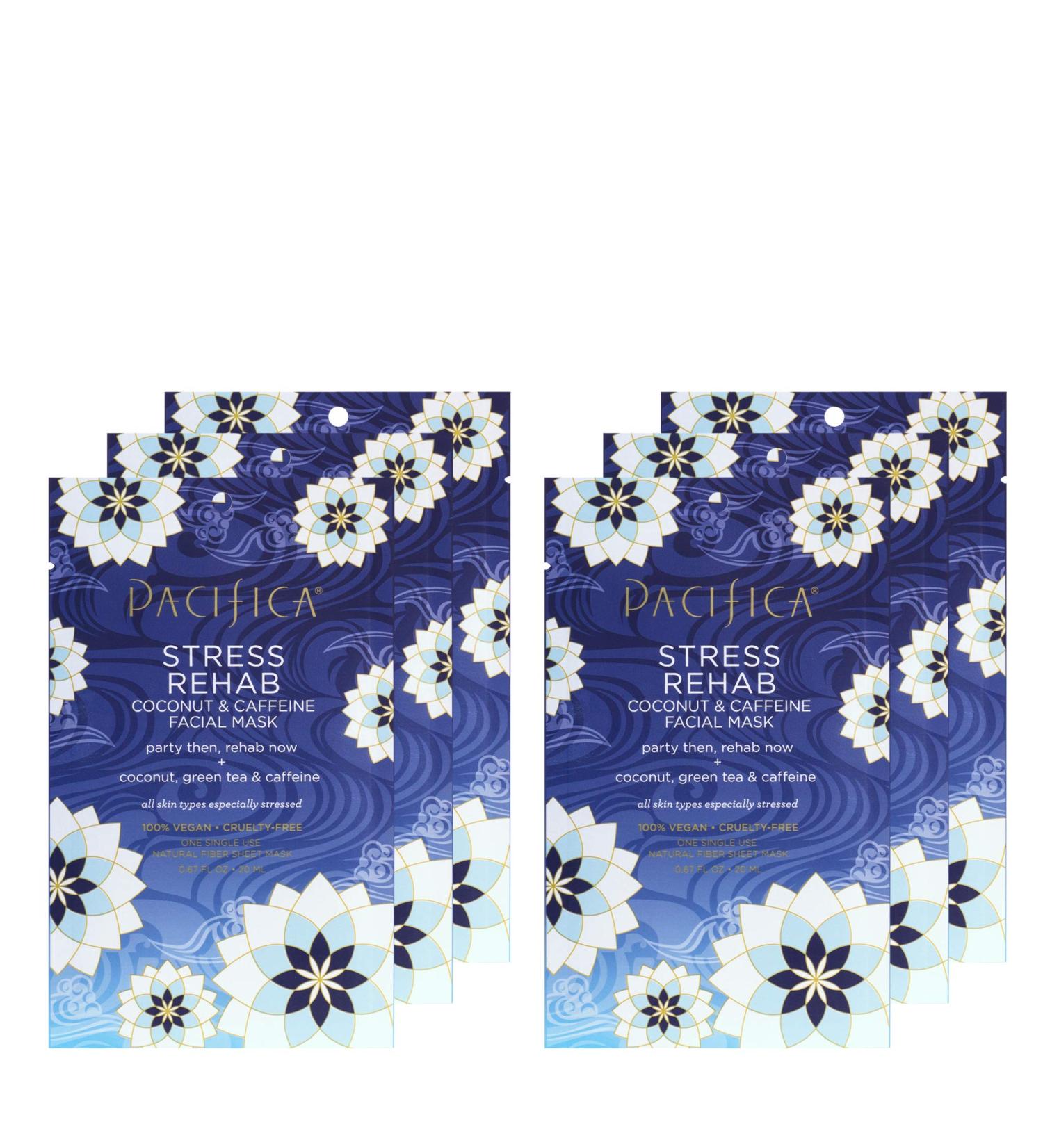 Pacifica Beauty Stress Rehab Coconut Caffeine Hydrating Facial Sheet Mask 6 Count, 30 Ounce