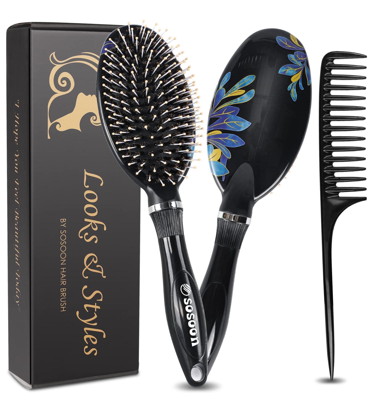 Sosoon Boar Bristle Hair Brush for Women Men Kids - Smoothing Detangling Hairbrush for Thick Curly Dry Wet Hair - Adds Shine, Improves Texture - Includes Hair Comb (Black) - Buy Online on GoSupps.com