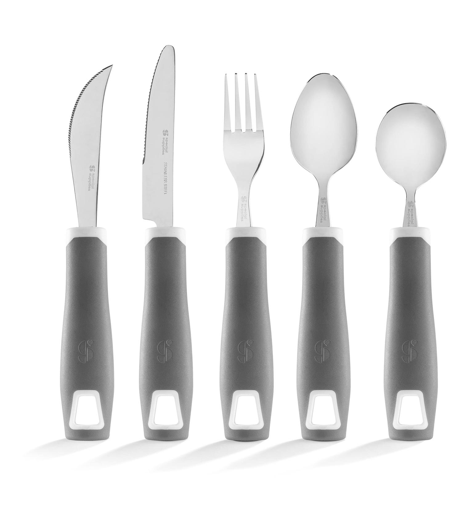 Special Supplies Adaptive Utensils 5-Piece Set for Hand Tremors, Arthritis, Parkinson's and Elderly - Stainless Steel, Non-Weighted, Non-Slip Handles - Buy Online on GoSupps.com