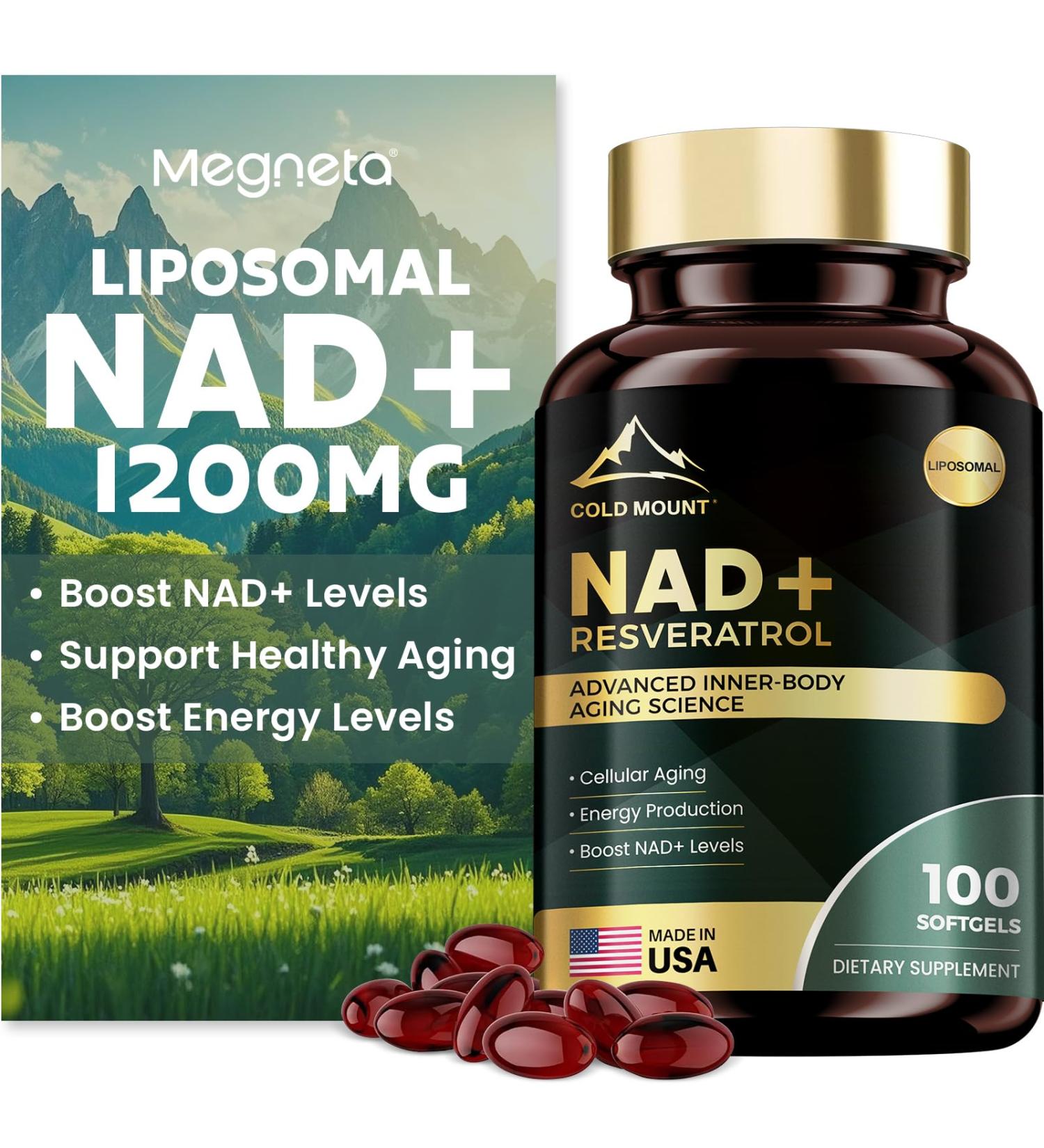 MEGNETA Liposomal NAD+ Supplement 1200mg with Trans Resveratrol - Boost NAD+ Levels Energy & Anti-Aging Support - Vegan 100 Softgels - Buy Online on GoSupps.com