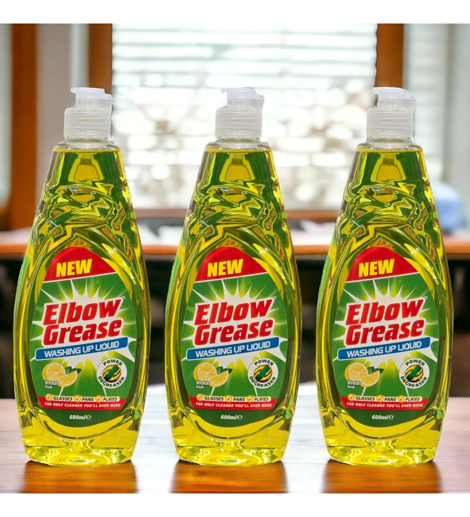 Krishna Stores Limited 3 x 600ML Elbow Grease Washing Up Liquid Fresh Lemon Scent Power Degreaser Works On Glasses Pans And Plates