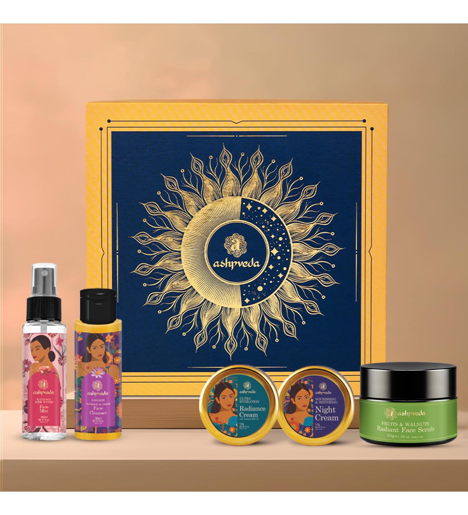 Ashpveda Luxury Ayurvedic Hydrate & Shine Collection Wedding Gift Box Set for Women and Men | Premium Luxury Face Care Gift Set with Face Wash Rose Water Face Scrub and Night Cream - Buy Online on GoSupps.com