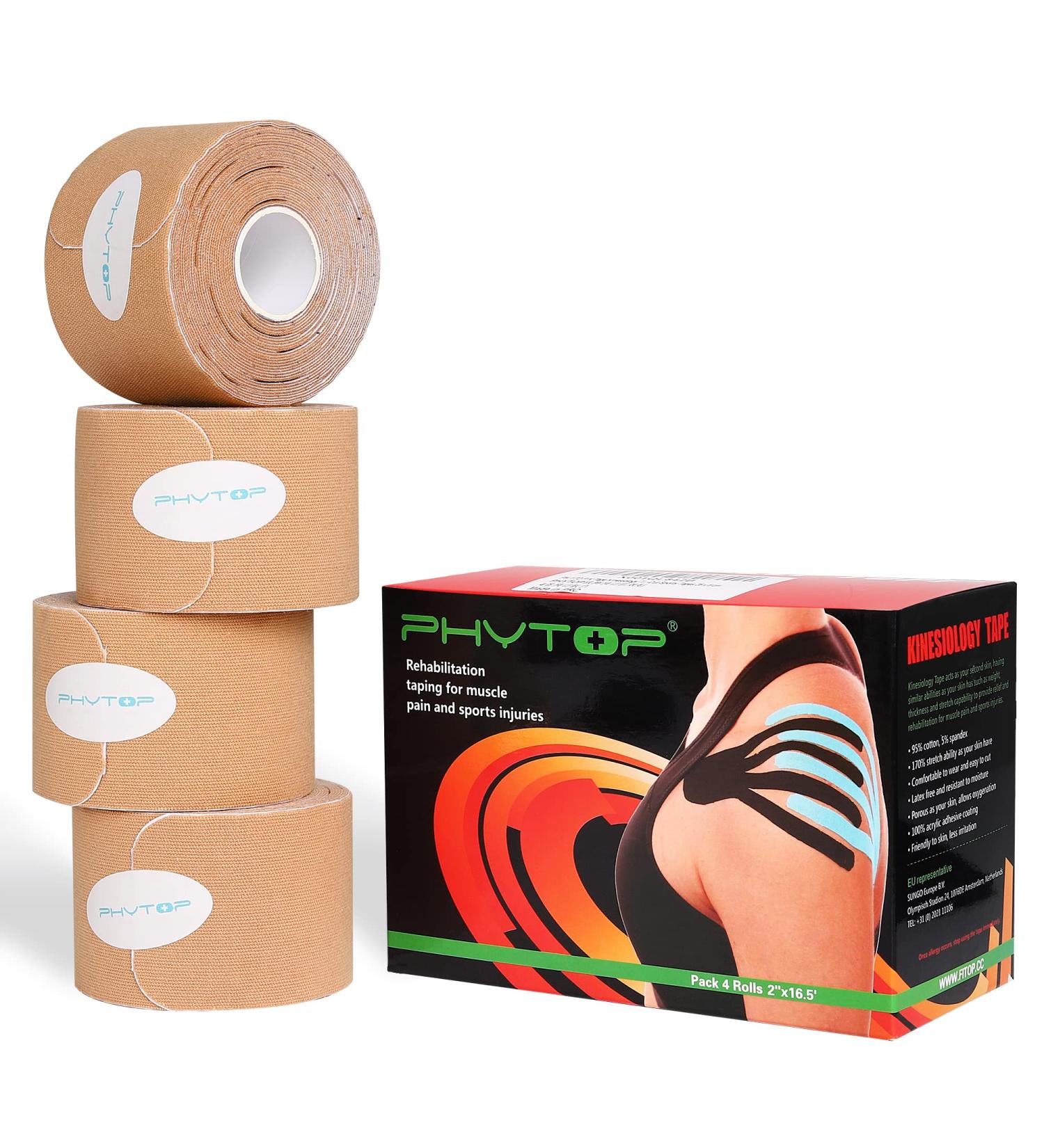 PHYTOP Kinesiology Tape Precut Strips 4 Rolls Pack - Muscle Tape for Pain Relief & Support - Latex Free Athletic Tape 2 x 16.4ft - Buy Online on GoSupps.com