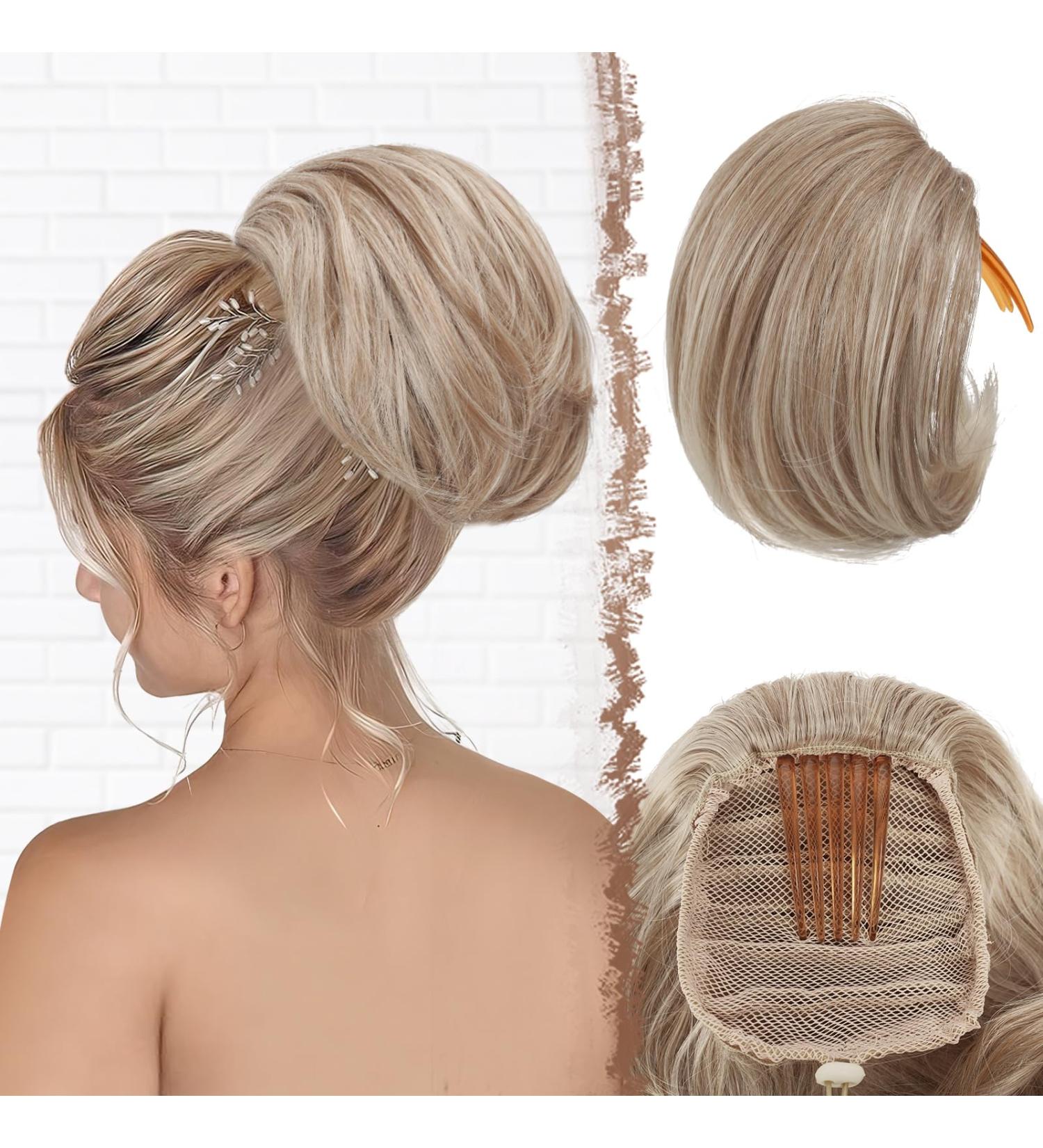 Feshfen Short Hair Part Dutt with Comb | Synthetic Hair Chignon Extensions in Honey Blonde & Platinum Blonde - Buy Online on GoSupps.com