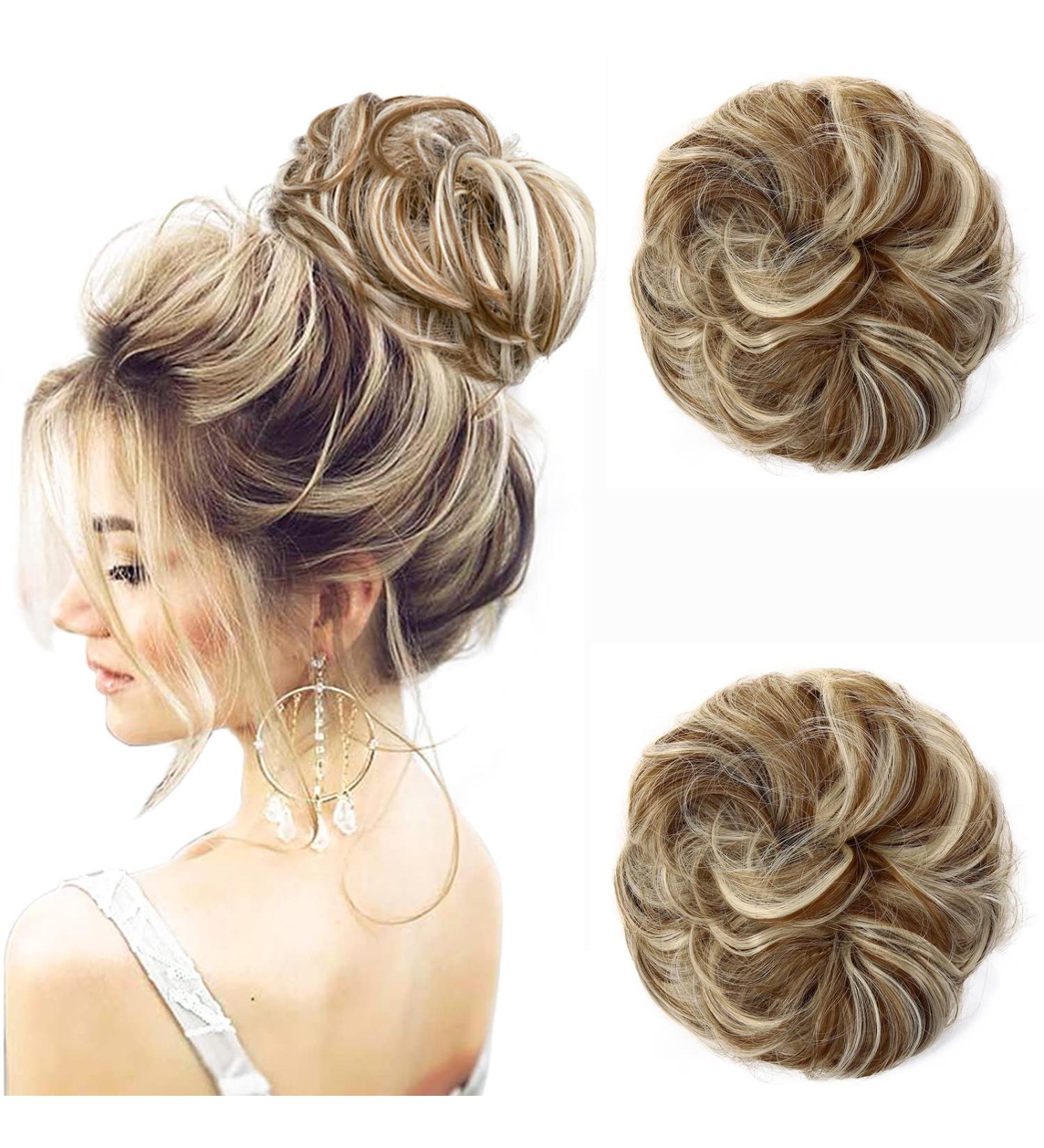 JJstar Messy Bun Hair Pieces - 2PCS Curly Fake Hair Buns | High Heat Resistant Synthetic Fiber Scrunchies for Women & Girls - Green Brown/ Beach Blonde - Buy Online on GoSupps.com