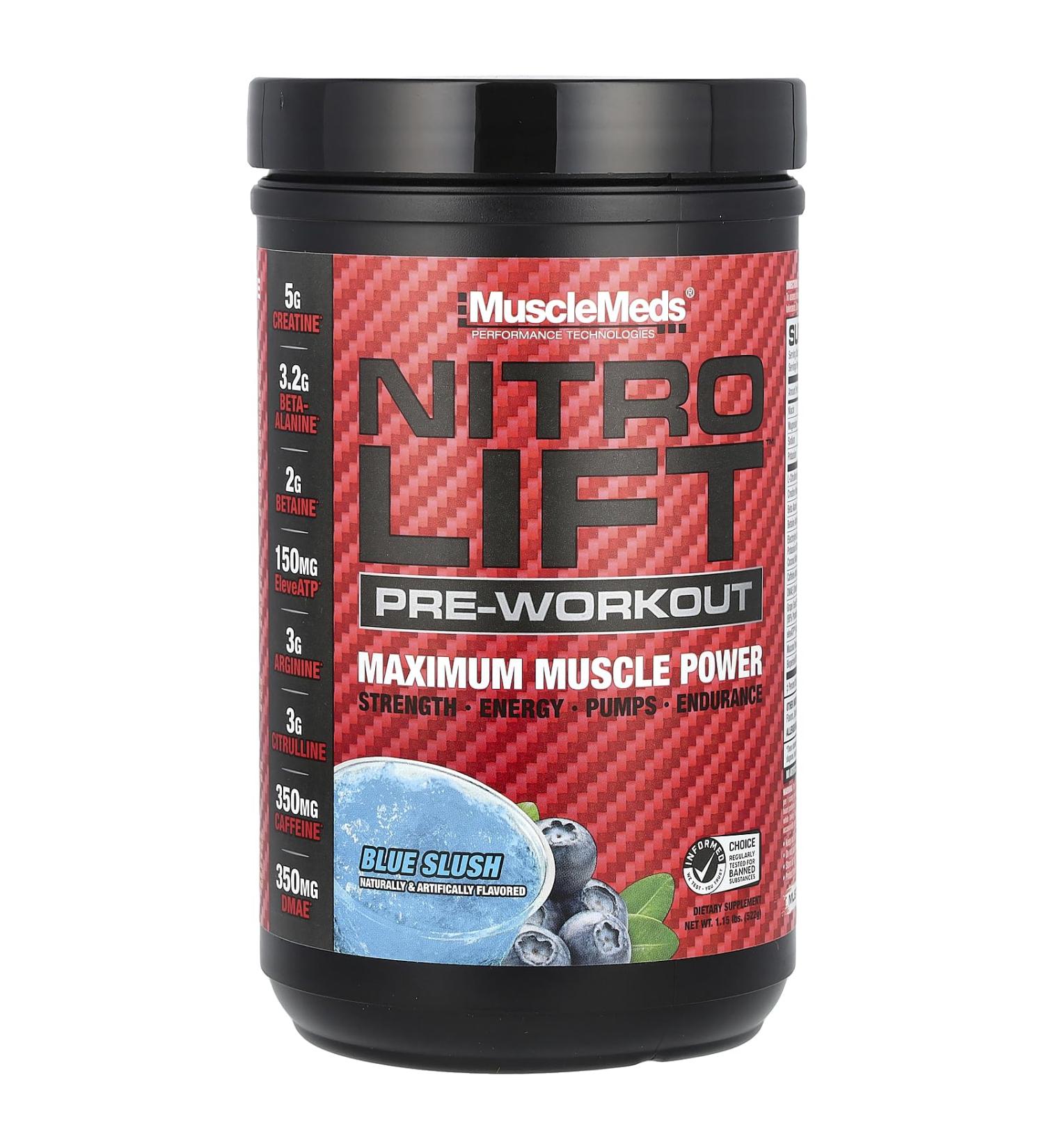 MuscleMeds Nitro Lift Pre Workout Enhance Endurance and Muscle Performance Blue Slush 40 Servings Blue Slush 1.04 Pound (Pack of 1)