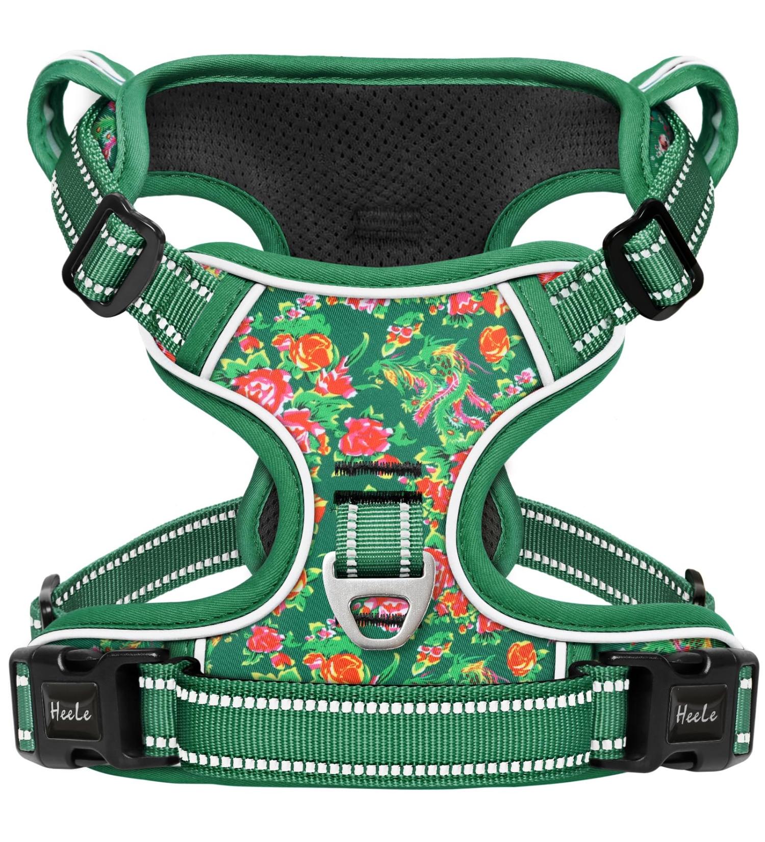 Premium Heele Dog Crockery & Adjustable Reflective Harness for Medium Dogs - Comfortable Padded Design in Flower Grass Green - Buy Online on GoSupps.com