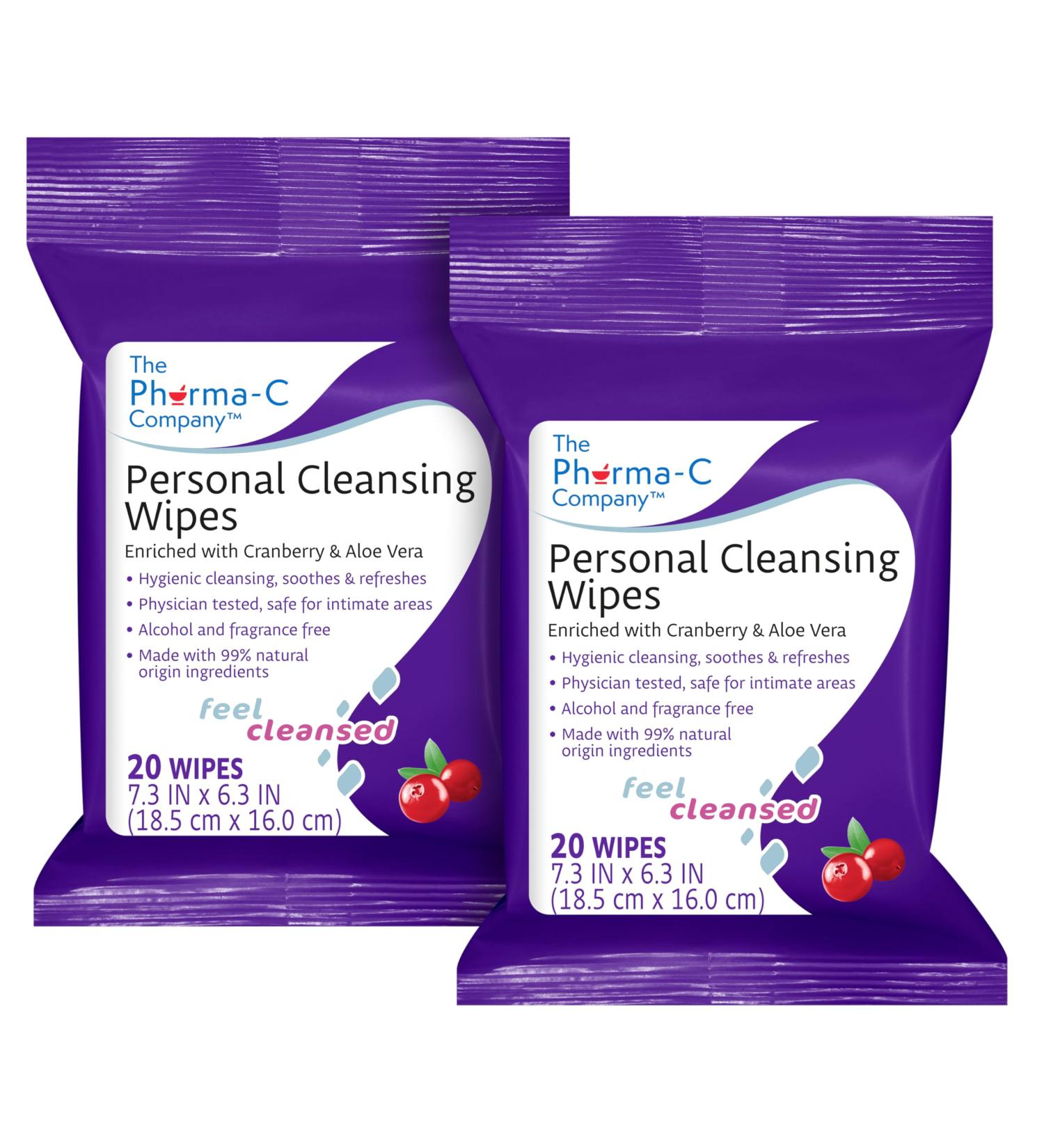 Pharma-C Personal Cleansing Wipes - 2 Packs of 20 Enriched with Cranberry & Aloe Vera 99% Natural for Feminine Intimate Hygiene - Buy Online on GoSupps.com