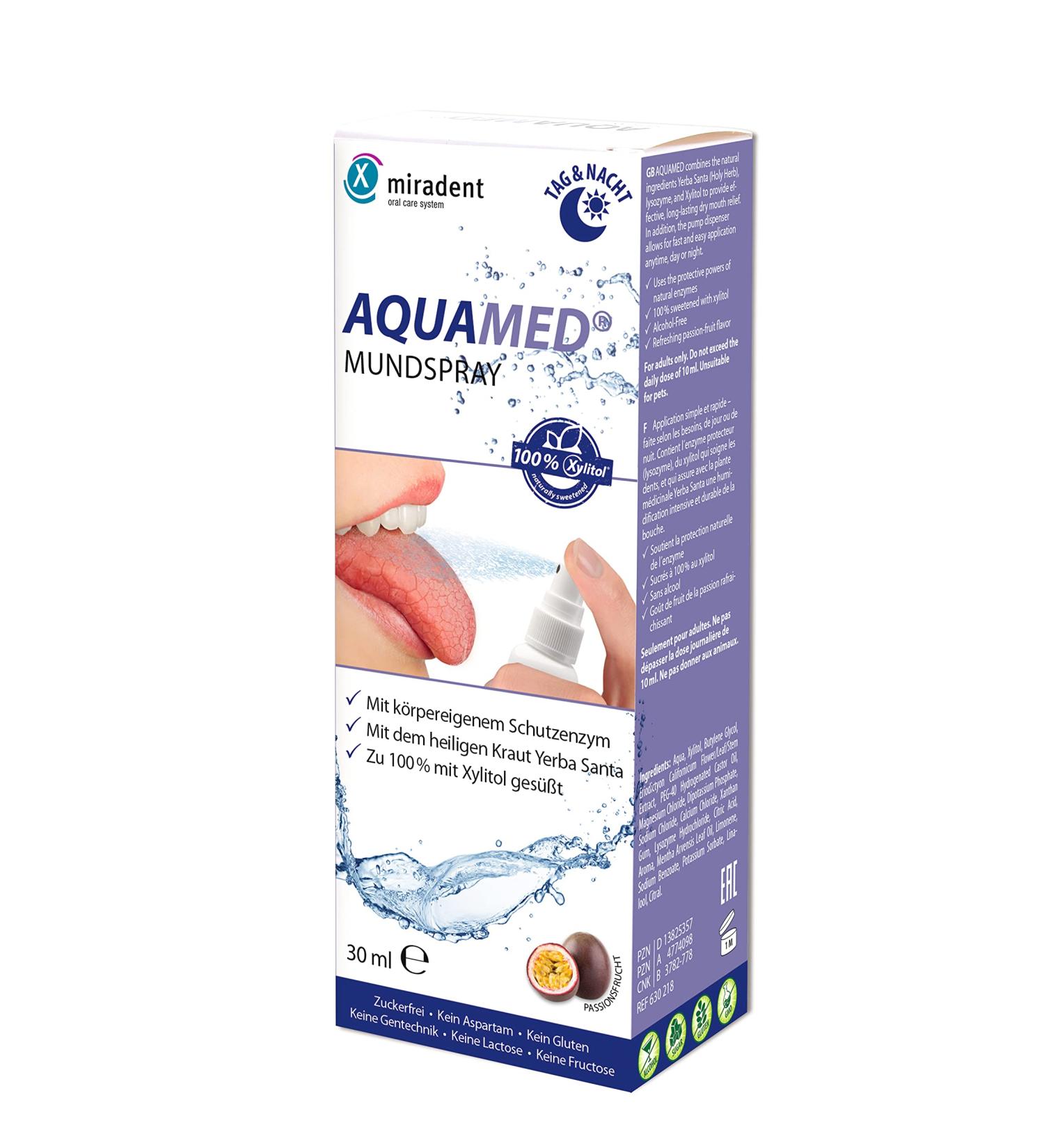 Miradent aquamed Mouth Drying Spray 30ml | Xylitol | Moisture Relief | Fruity Passion Fruit Flavor | Sugar-Free & Alcohol-Free | Tooth Mineralizing - Buy Online on GoSupps.com