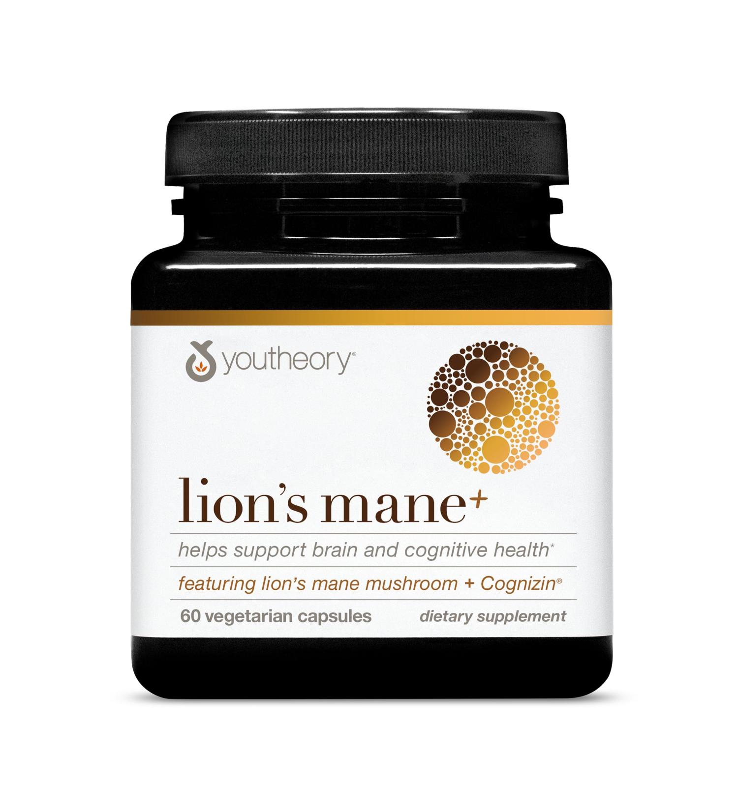 Youtheory Lion's Mane Plus - Mushroom Supplement with Cognizin - Offers Focus & Brain Support* - 60 Vegetarian Capsules 60 Count (Pack of 1) - Buy Online on GoSupps.com
