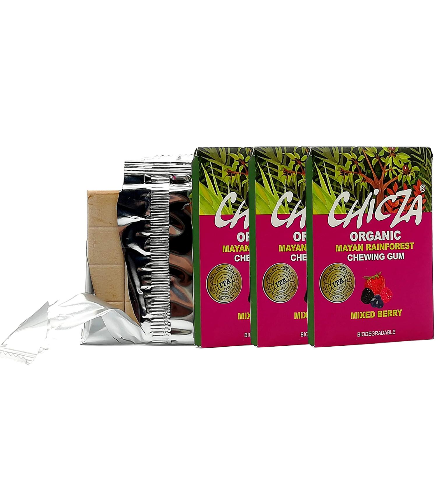 Chicza Organic Chewing Gum Red Fruits, Certified Organic and Kosher, Biodegradable, Pack of 3 x 30g