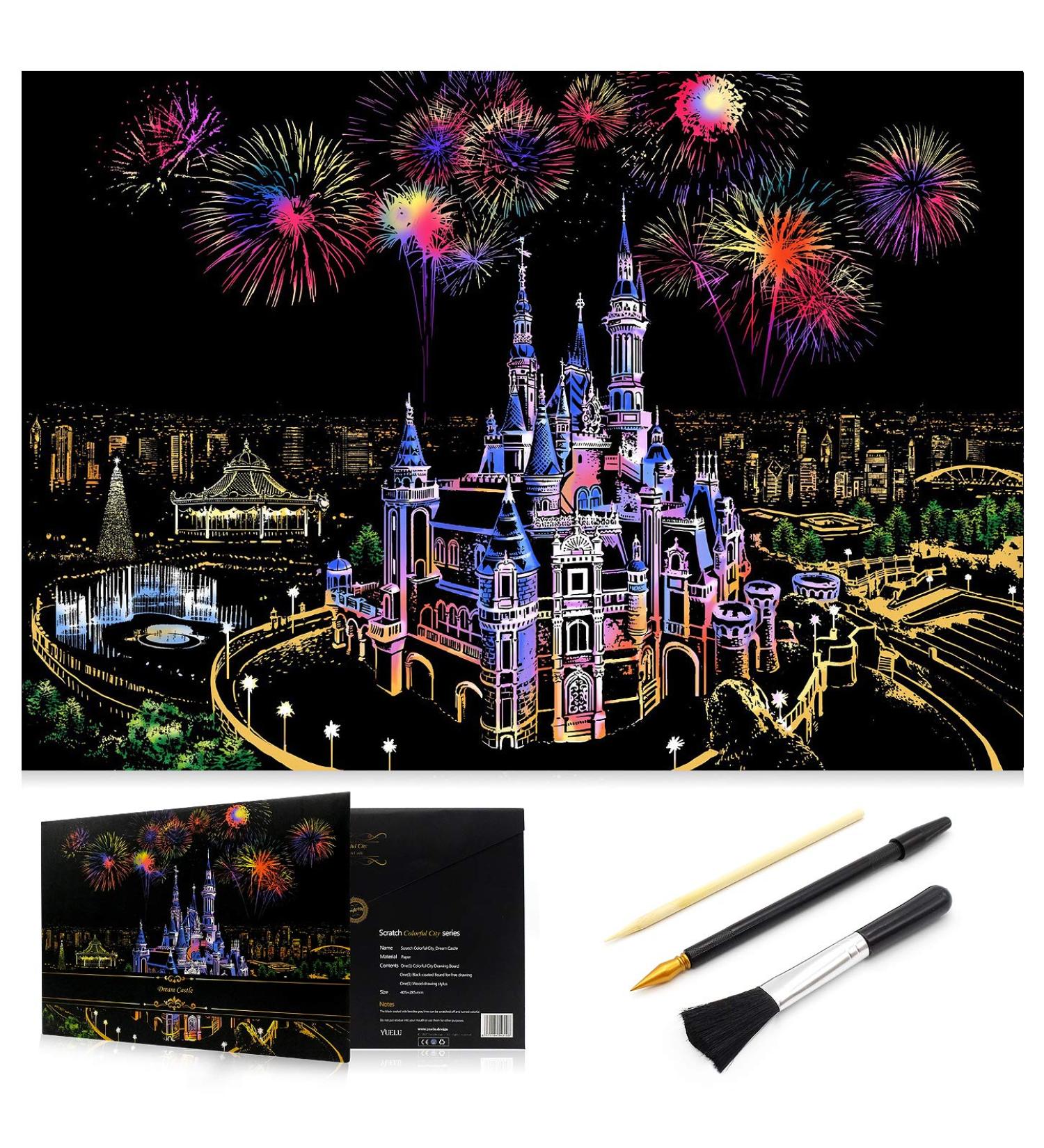 Rainbow Scratch Art Painting Sketch Pad | DIY Night View Scratchboard Kit for Kids & Adults | Engraving & Craft Set | Creative Gift | 16'' x 11.2'' with 3 Tools | Dream Castle Design - Buy Online on GoSupps.com