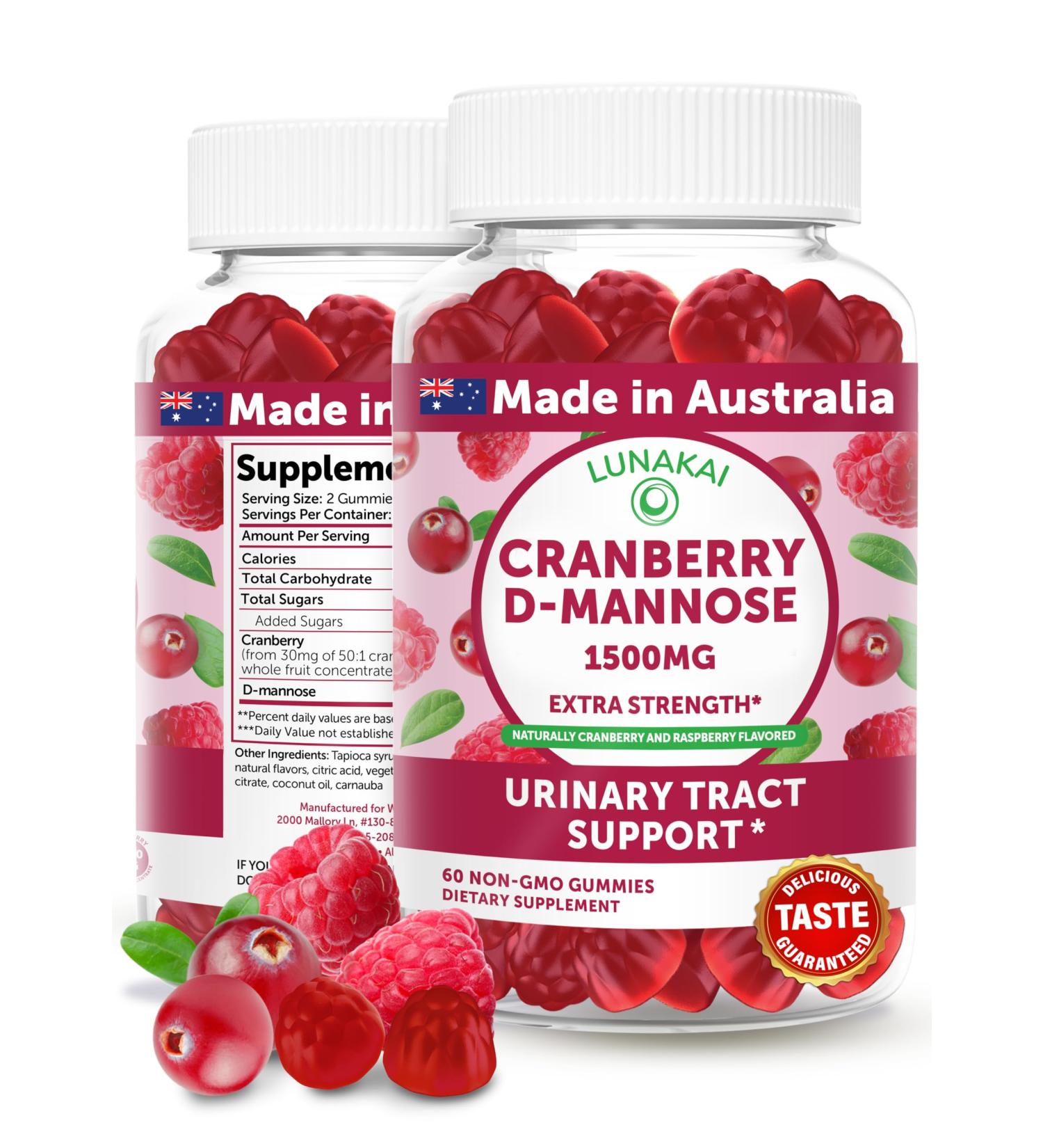 Lunakai Cranberry Supplement Gummies for Women with D-Mannose 1500mg High-Potency Formula for Daily Urinary Tract Support Made in Australia 60ct - Buy Online on GoSupps.com