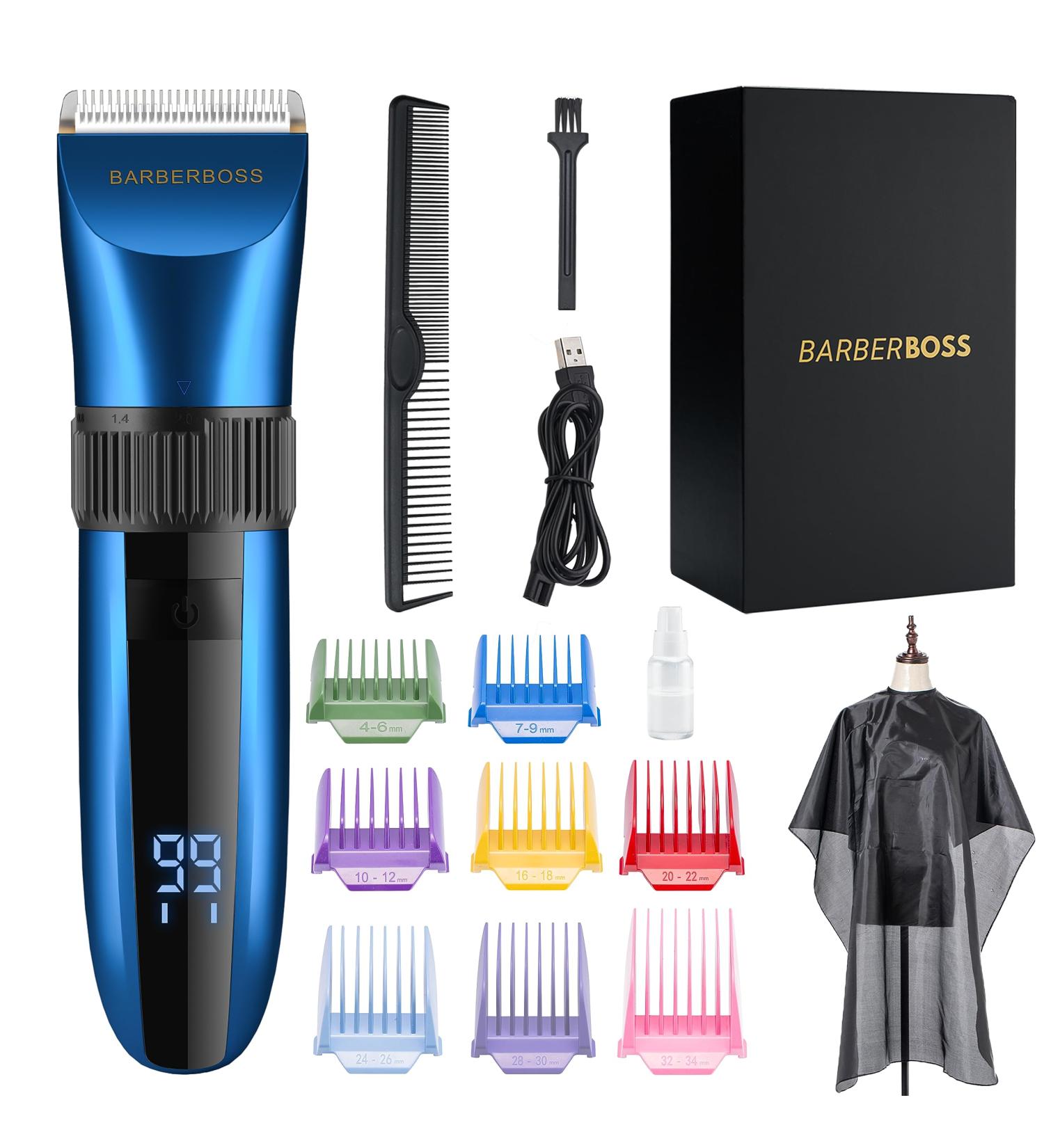 BarberBoss Cordless Self-Sharpening Trimmer - Waterproof, LED Display, Fast Charging, Ceramic Blades, 8 Color Comb Attachments - QR-2082 - Buy Online on GoSupps.com
