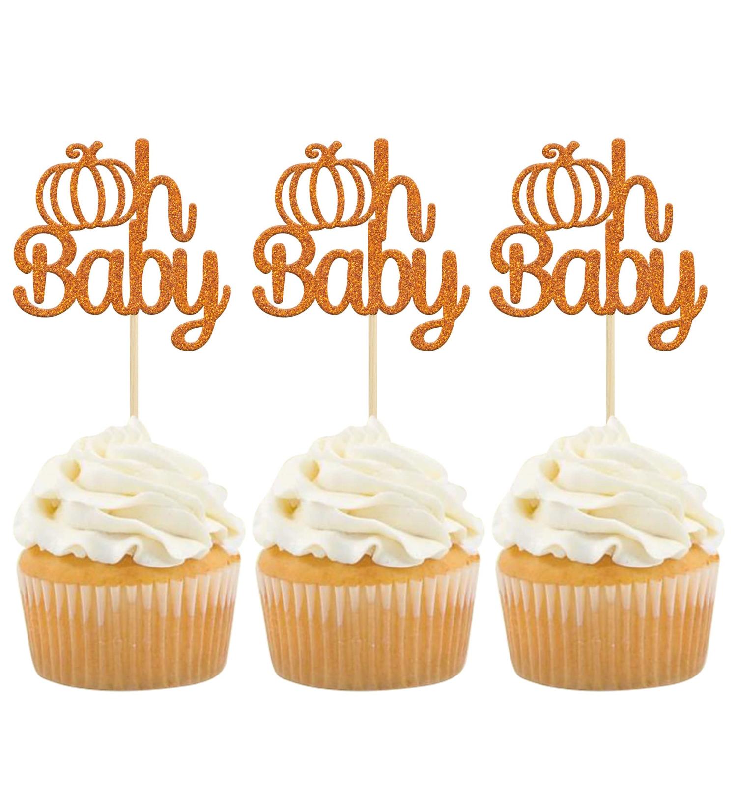 Gyufise 24Pcs Pumpkin Oh Baby Cupcake Toppers - Orange Glitter Fall Theme Picks for Baby Shower, Birthday, Thanksgiving, Halloween Parties - Buy Online on GoSupps.com