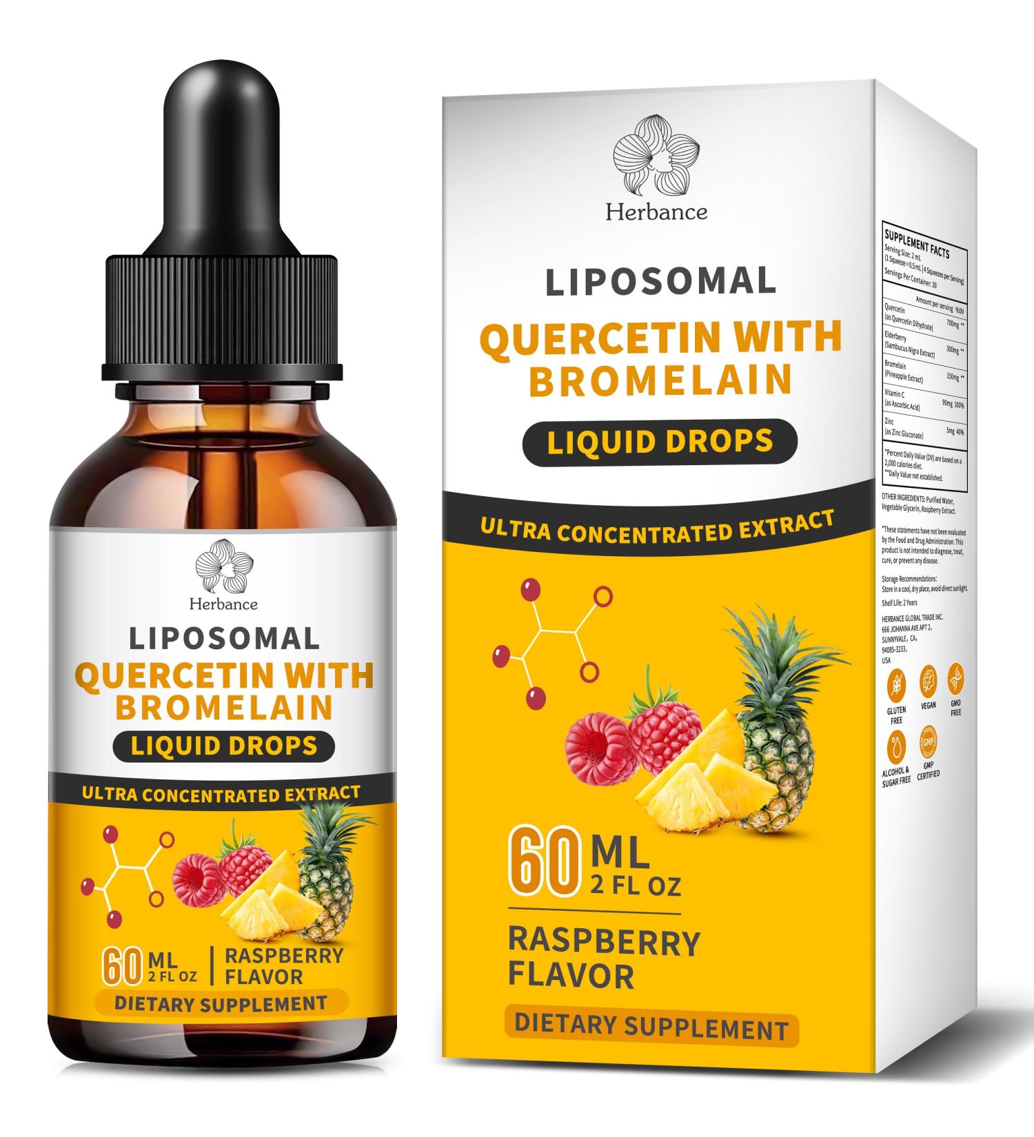 Liposomal Quercetin with Bromelain Liquid Drops - Higher Absorption Than Capsules & Pills Quercetin Supplements 700mg w. Bromelain Elderberry Zinc Vitamin C for Immune Heart Antioxidant Support 2 Fl Oz - Buy Online on GoSupps.com
