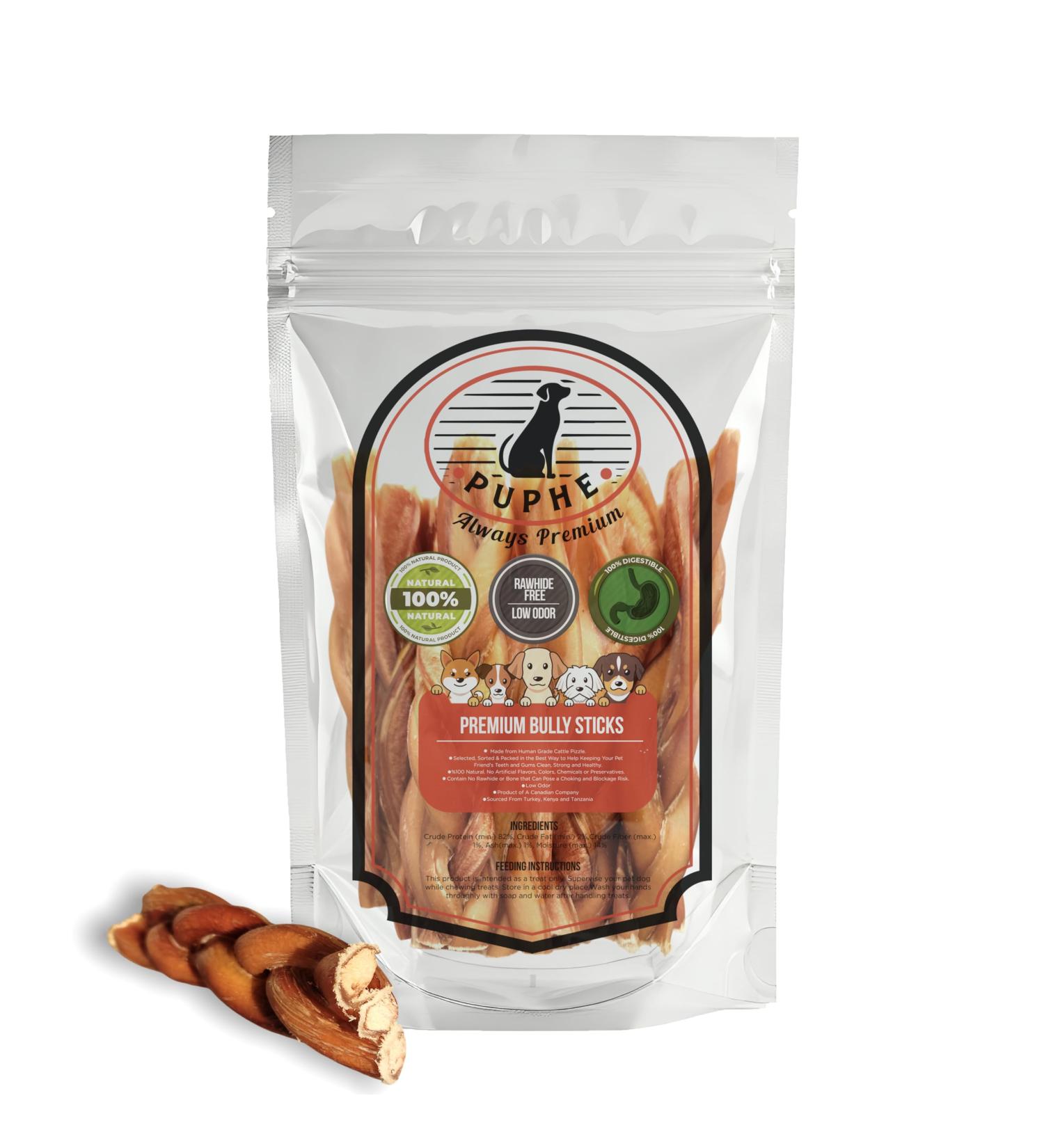 PUPHE - Natural Premium Long Lasting Bully Sticks for Dogs Low Odor One-Ingredient Fully Digestible %100 Beef Dog Chews for Dental Care (6" Braided 10 Pack) - Buy Online on GoSupps.com