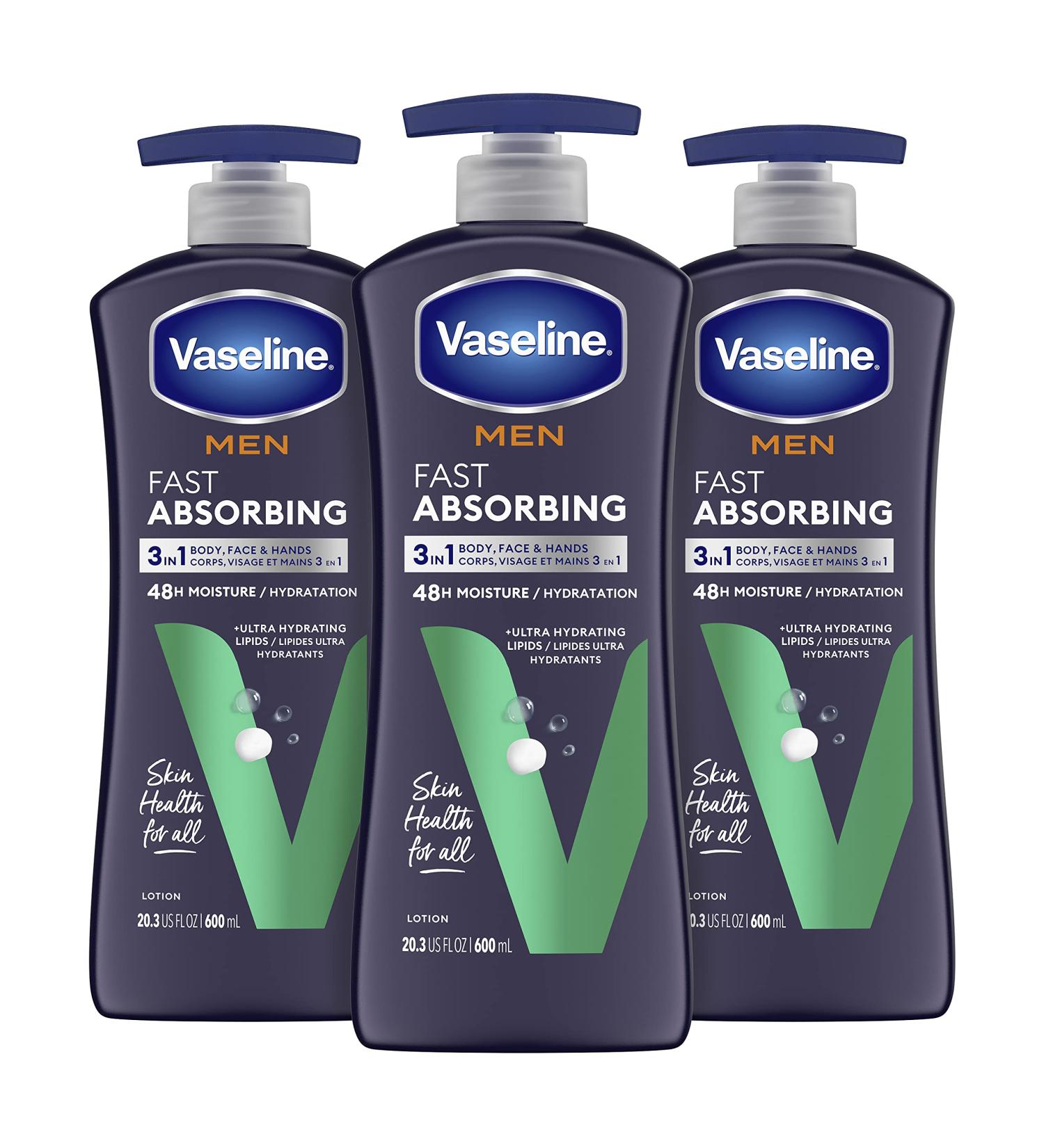 Vaseline Men's Healing Moisture Hand & Body Lotion - 20.3 oz Pack of 3 | Fast Absorbing Non-Greasy Formula for Dry or Cracked Skin - Buy Online on GoSupps.com