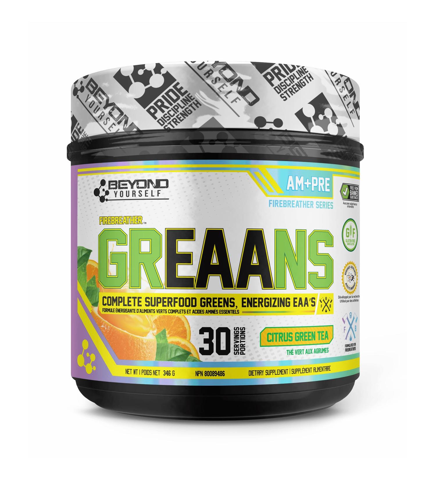 Beyond Yourself - GrEAAns Superfood Greens and EAA Blend | 4000mg Organic Superfood 2625mg Vegan EAAs | Sugar-Free Zero Calories No Synthetic Additives | Optimizes Health Performance and Recovery | Citrus Green Tea - Buy Online on GoSupps.com