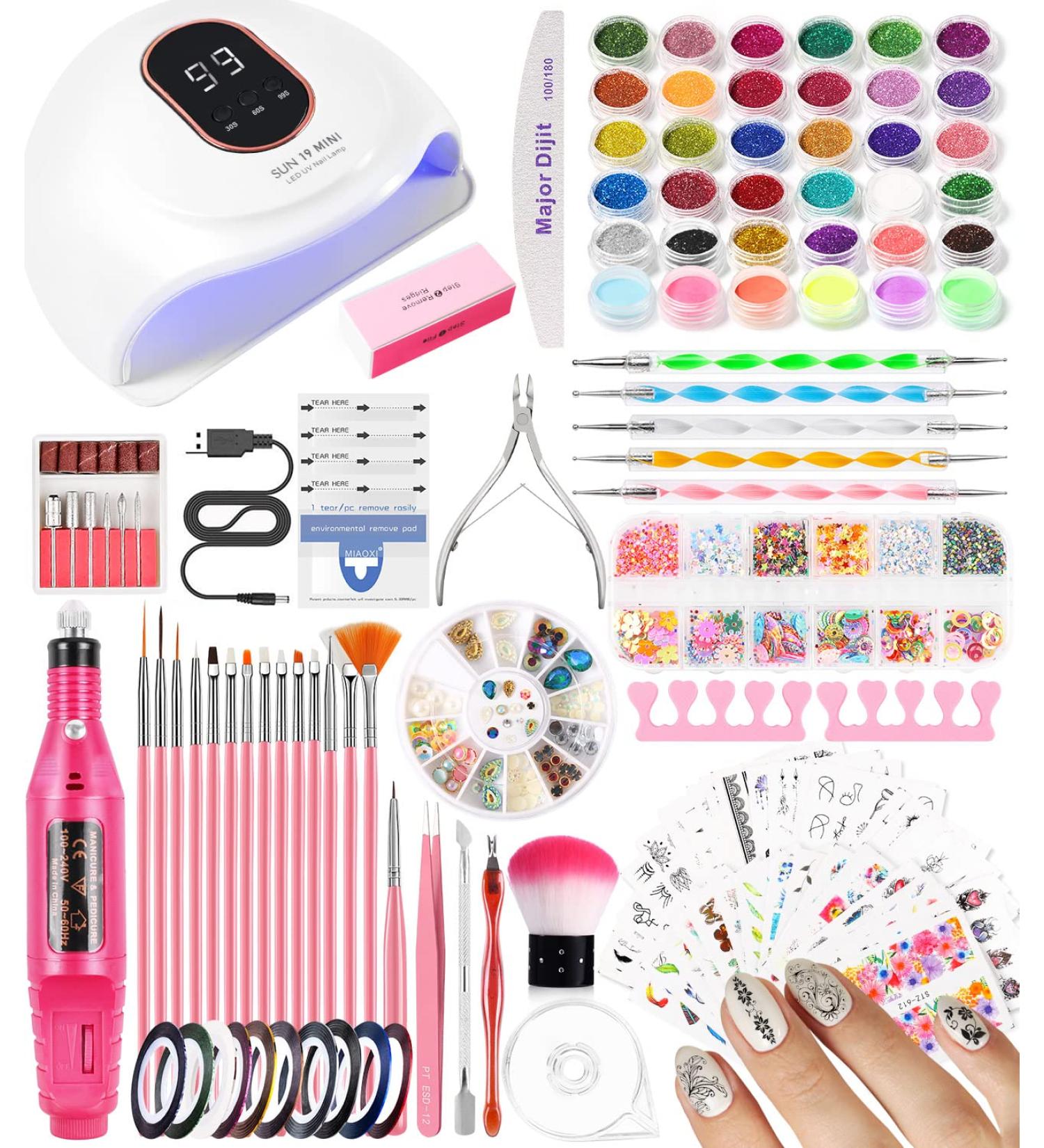 Portable Electric Nail Drill with UV LED Lamp Kit - Manicure Pen & Tools Set for Beginners | Nail Files, Gel Brushes, Dotting Tools, Rhinestones, Stickers & Glitter Powder Included - Buy Online on GoSupps.com