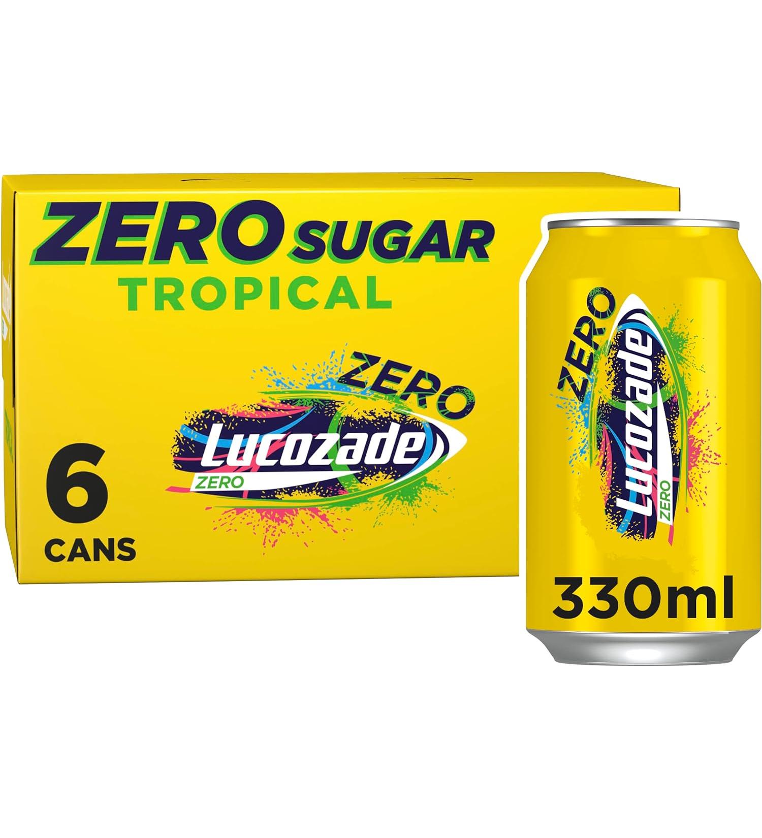 Lucozade Zero Fizzy Drink, Tropical Flavour, Sugar Free, Low Calorie, 6 Pack, 330ml Cans - Buy Online on GoSupps.com