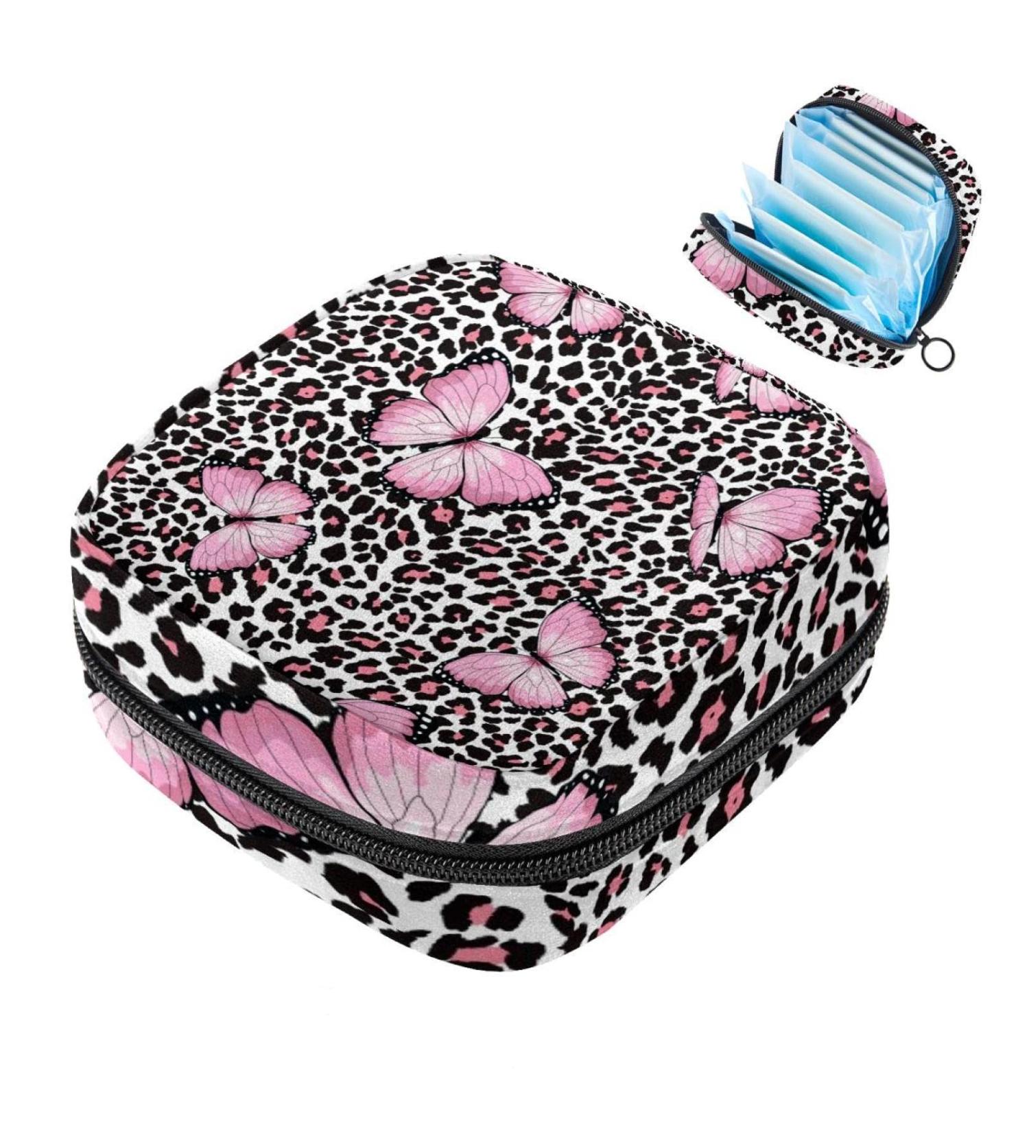 Pink Butterfly & Leopard Pattern Women's Napkin Storage Bag - Portable Menstruation Cup & Tape - Ideal for First Period Essentials - Buy Online on GoSupps.com