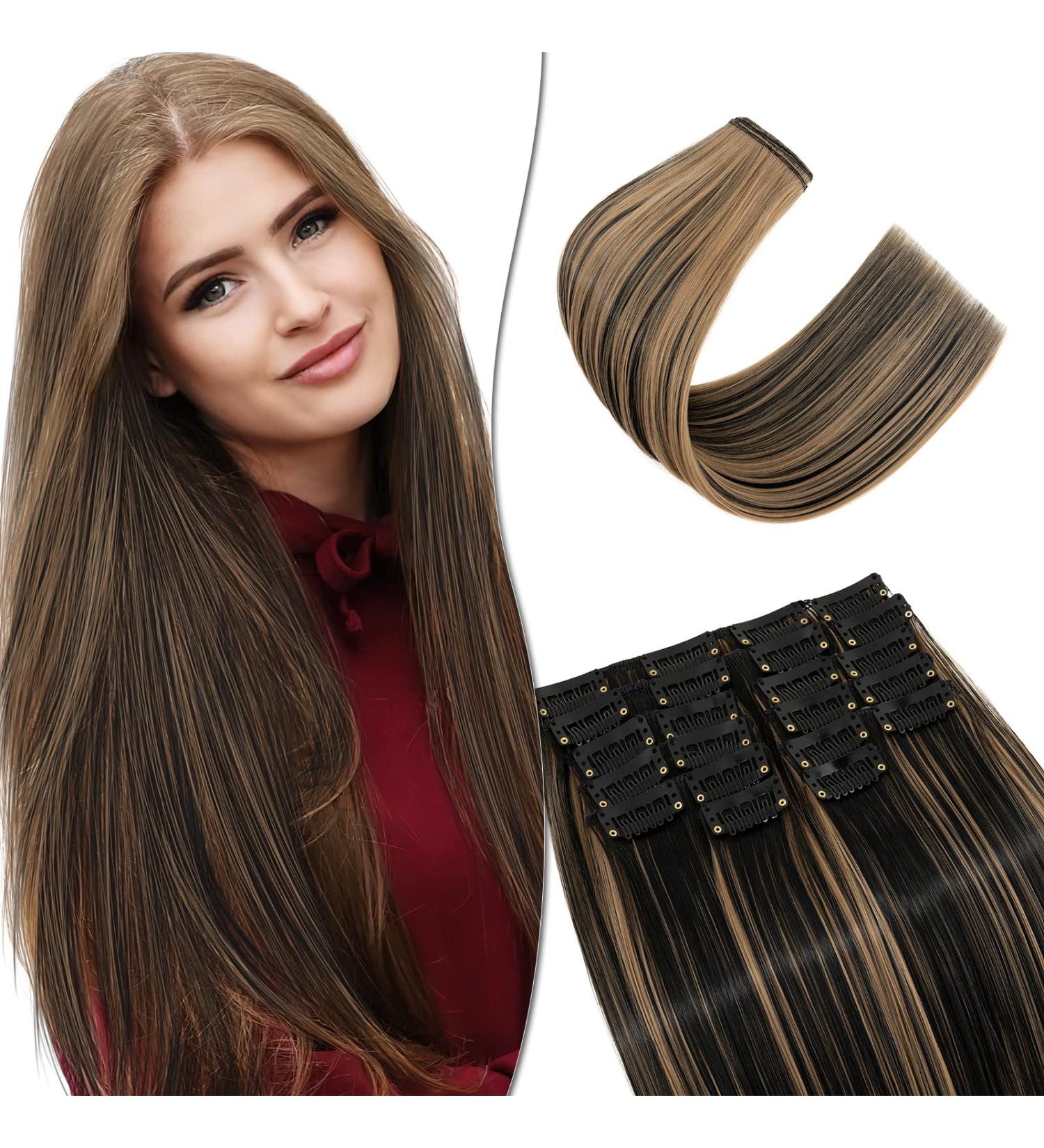 SEGO 12 PCs Clip In Hair Extensions - Real Hair 22 Clips 55 cm Natural Black & Coffee Brown 180g - Affordable & Smooth Full Head Solutions - Buy Online on GoSupps.com