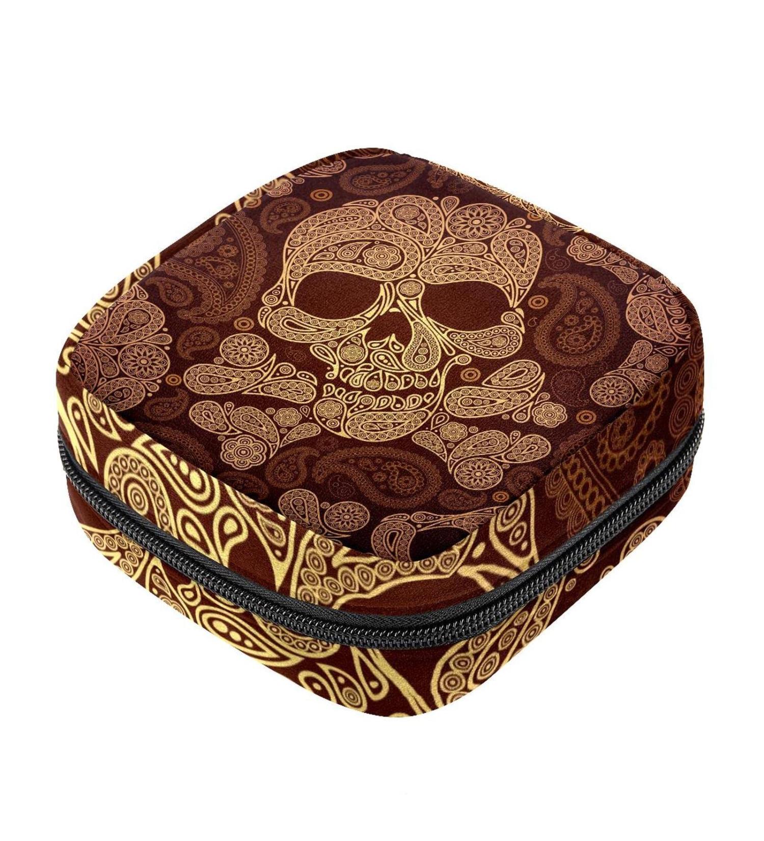 Menstrual Pad Bag with Zipper - Stylish Ladies Napkin Pouch & Tampon Collection Bag for Women & Girls (Golden Skull) - Buy Online on GoSupps.com