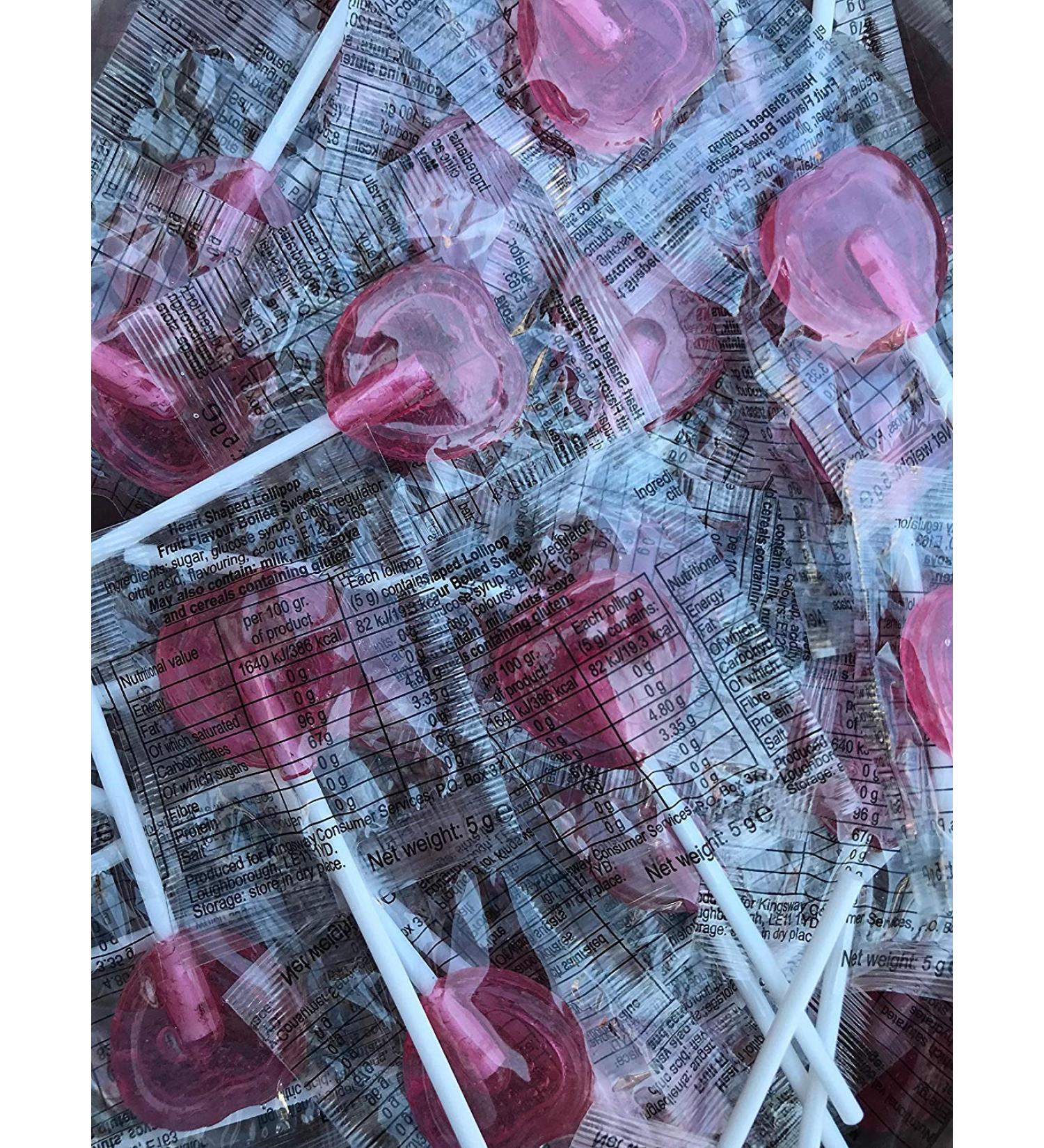 100 x Pink Love Hearts Lollipops - Strawberry Flavoured Sweet Candy Lollies Ideal for Snack Cupboard Weddings Valentines Party Bag fillers.