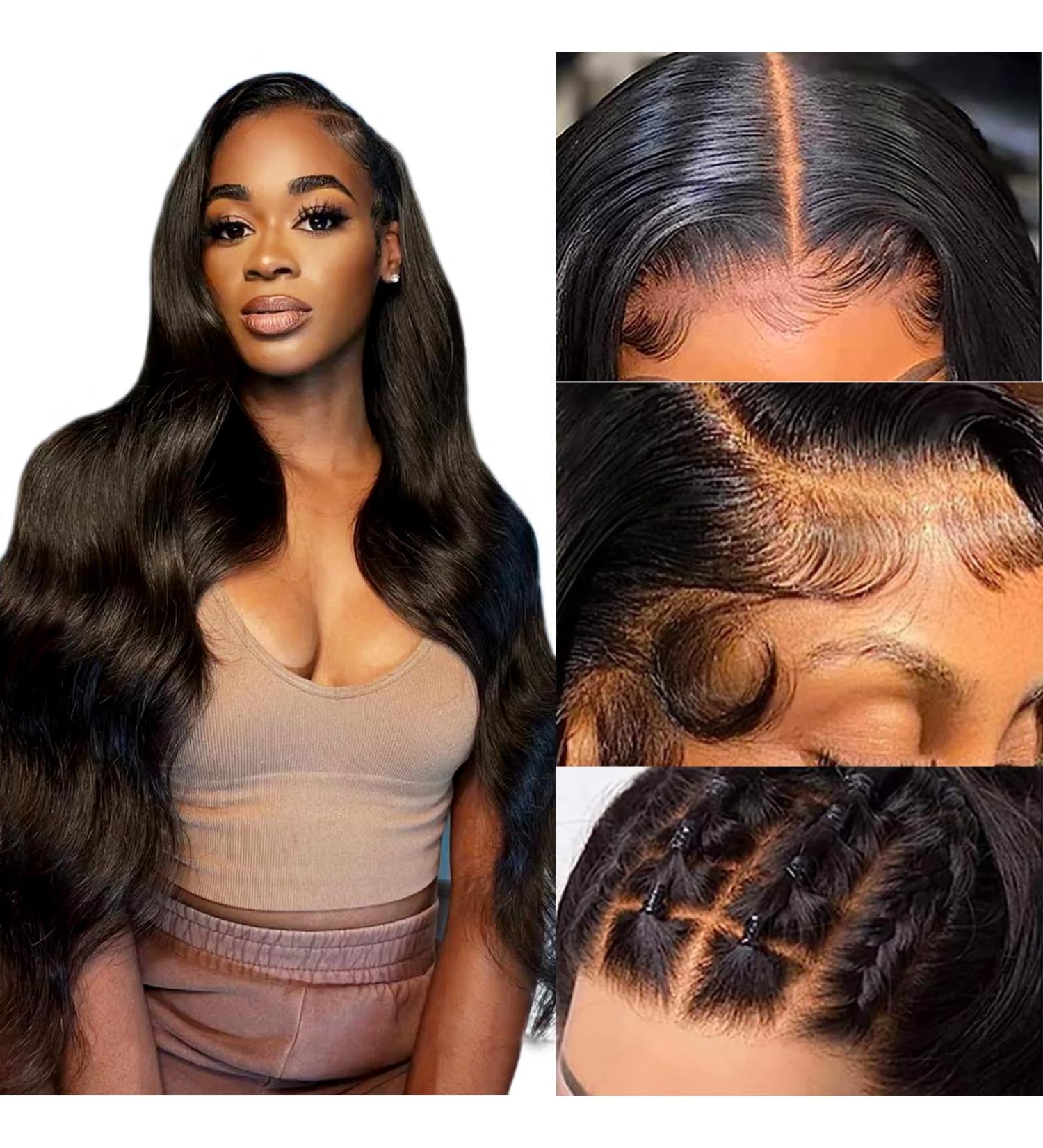 Megalook 36 Inch Body Wave Human Hair Wig | HD Lace Front 200% Density | Bleached Knots | Brazilian Real Hair | Natural Black Color - Buy Online on GoSupps.com