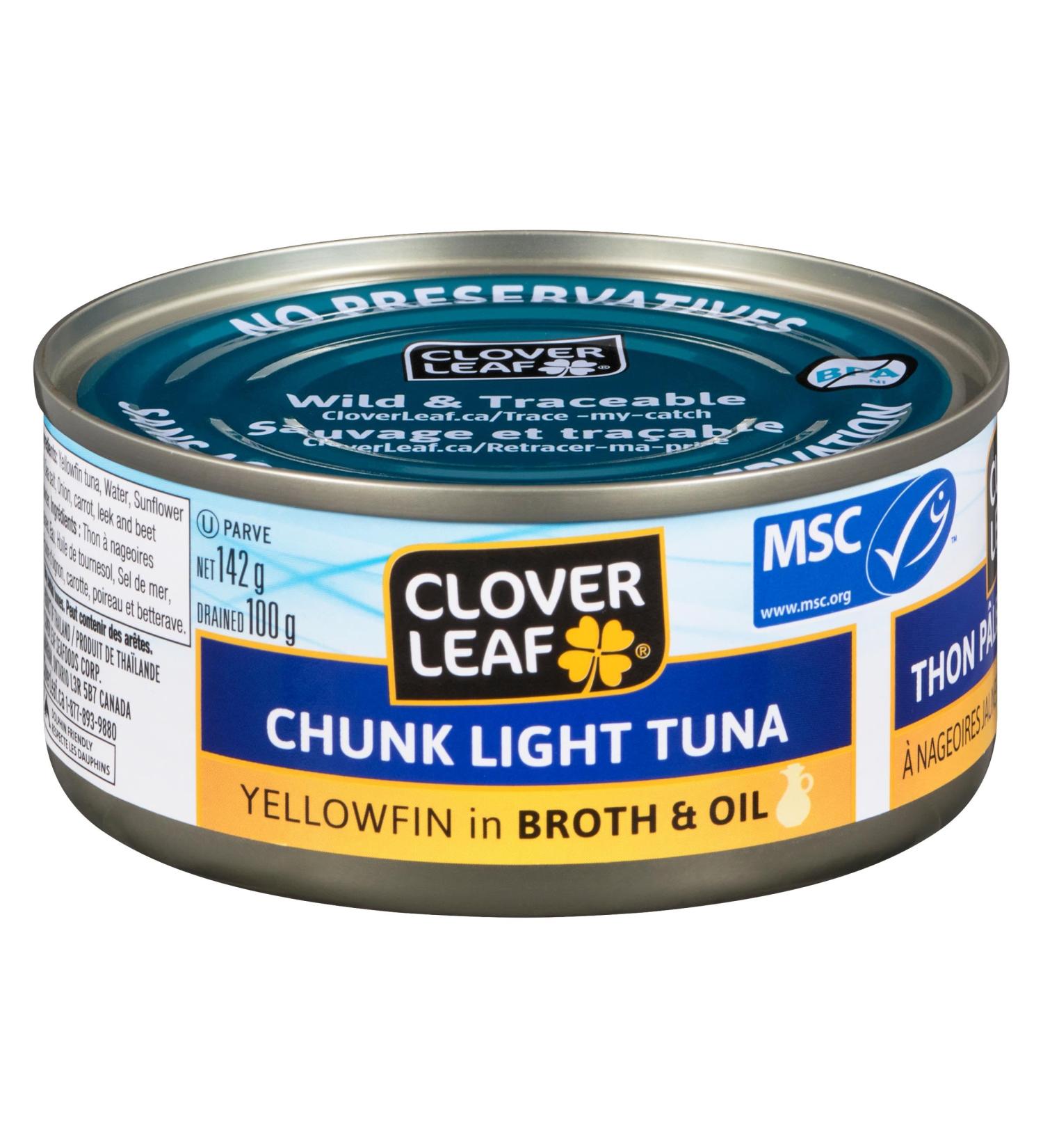 Clover Leaf Chunk Light Tuna Yellowfin In Broth & Oil - 142g 24 Count - Canned Tuna No Preservatives No Additives High In Protein 14g Of Protein Per 55g Svg Drained Wild n Traceable Tuna - Buy Online on GoSupps.com