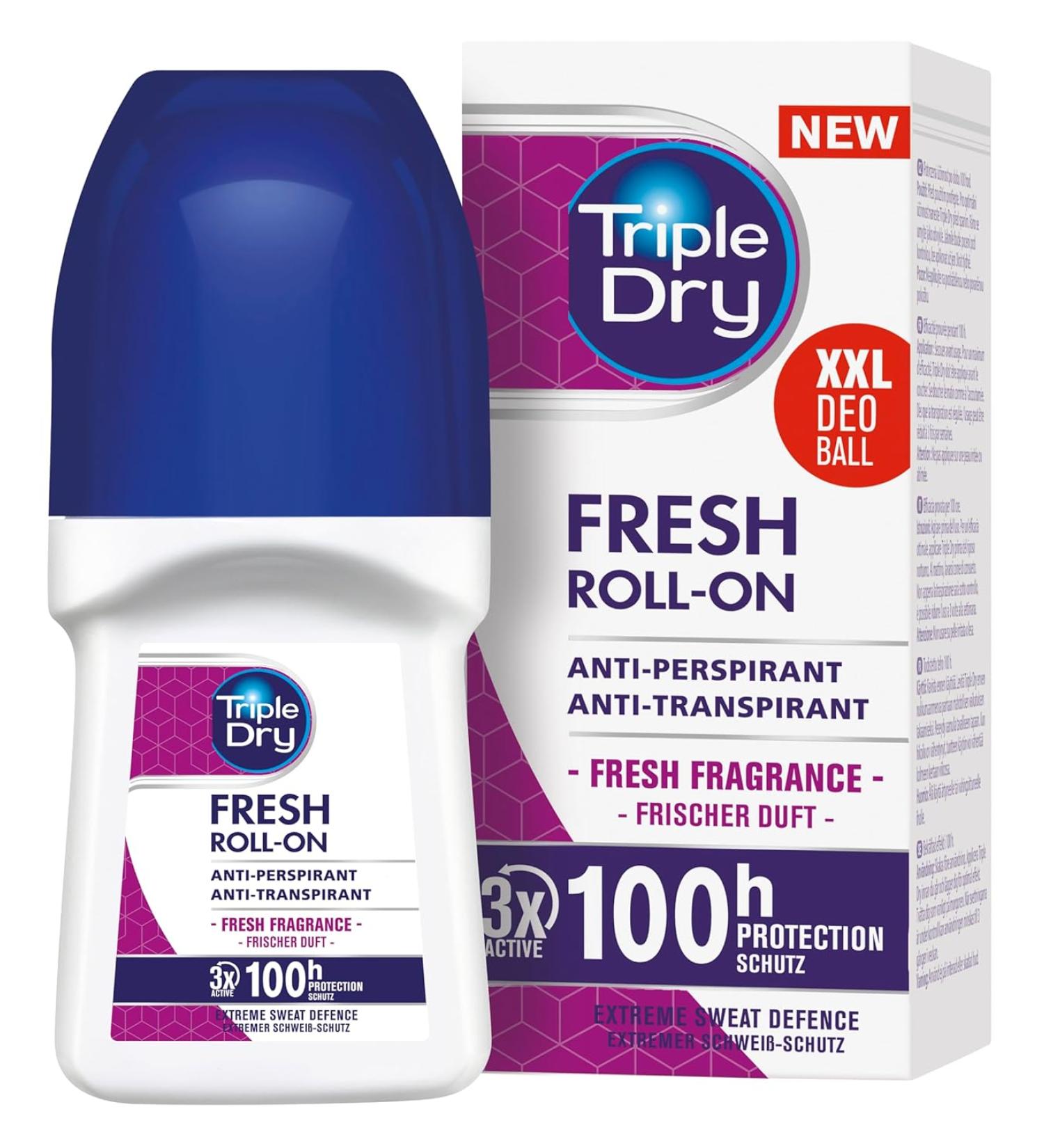 Triple Dry Antiperspirant Roll-On Fresh Deodorant Roller Against Strong Sweating Antibacterial Deodorant for 100 Hours Protection - Fresh Scent - 50 ml - Buy Online on GoSupps.com
