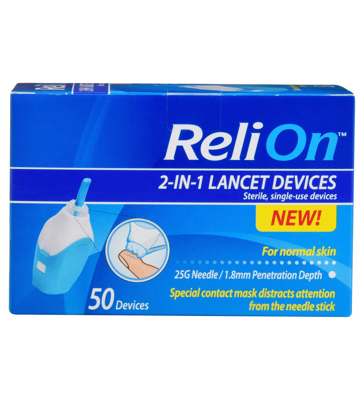 Relion 2-in-1 Lancet Device 25 Gauge 1.8mm for Normal Skin 50 Count