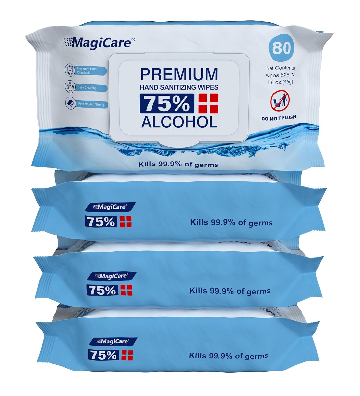 MagiCare Hand Sanitizer Wipes - 320 Disposable 75% Alcohol Wipes - Unscented for Home, Travel, Classroom, Camping - 4 Packs of 80ct - Buy Online on GoSupps.com