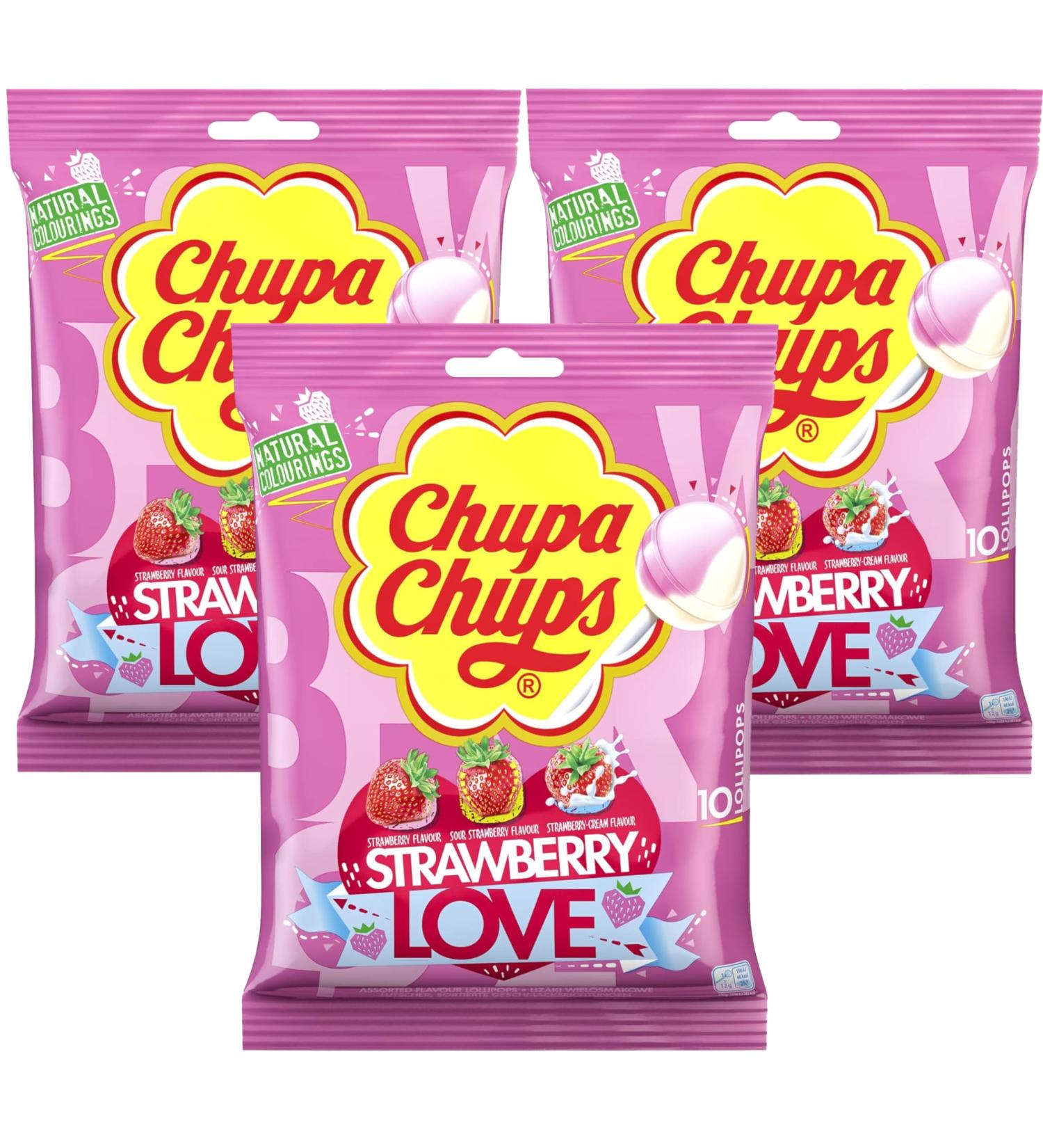 Chupa Chups Strawberry Love Lollipops Bulk Sweets for Party Bags 3 Assorted Flavour Lollies Sweet Bulk Pink Lollypops Mix for Sweet Sharing Chupa Chup Party Sweet Lolly 3x10 pack + Cheeroo Magnet - Buy Online on GoSupps.com