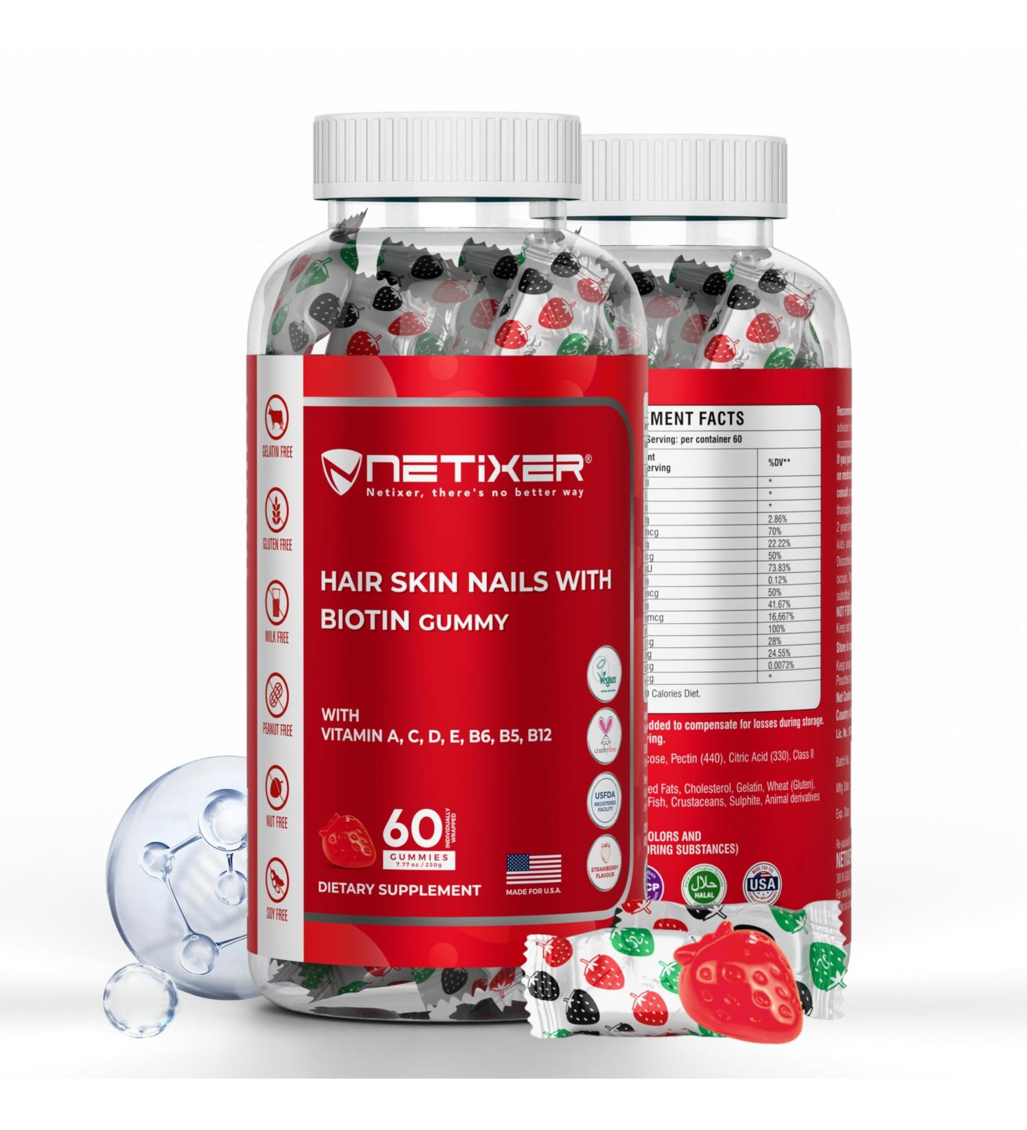 nETiXER Hair Skin Nails Gummies with Biotin 5000 mcg 60 Vegan Gummies | Vitamins A, C, D, E, B6, B12, Folic Acid, Zinc | Strawberry Flavor | Individually Wrapped - Buy Online on GoSupps.com