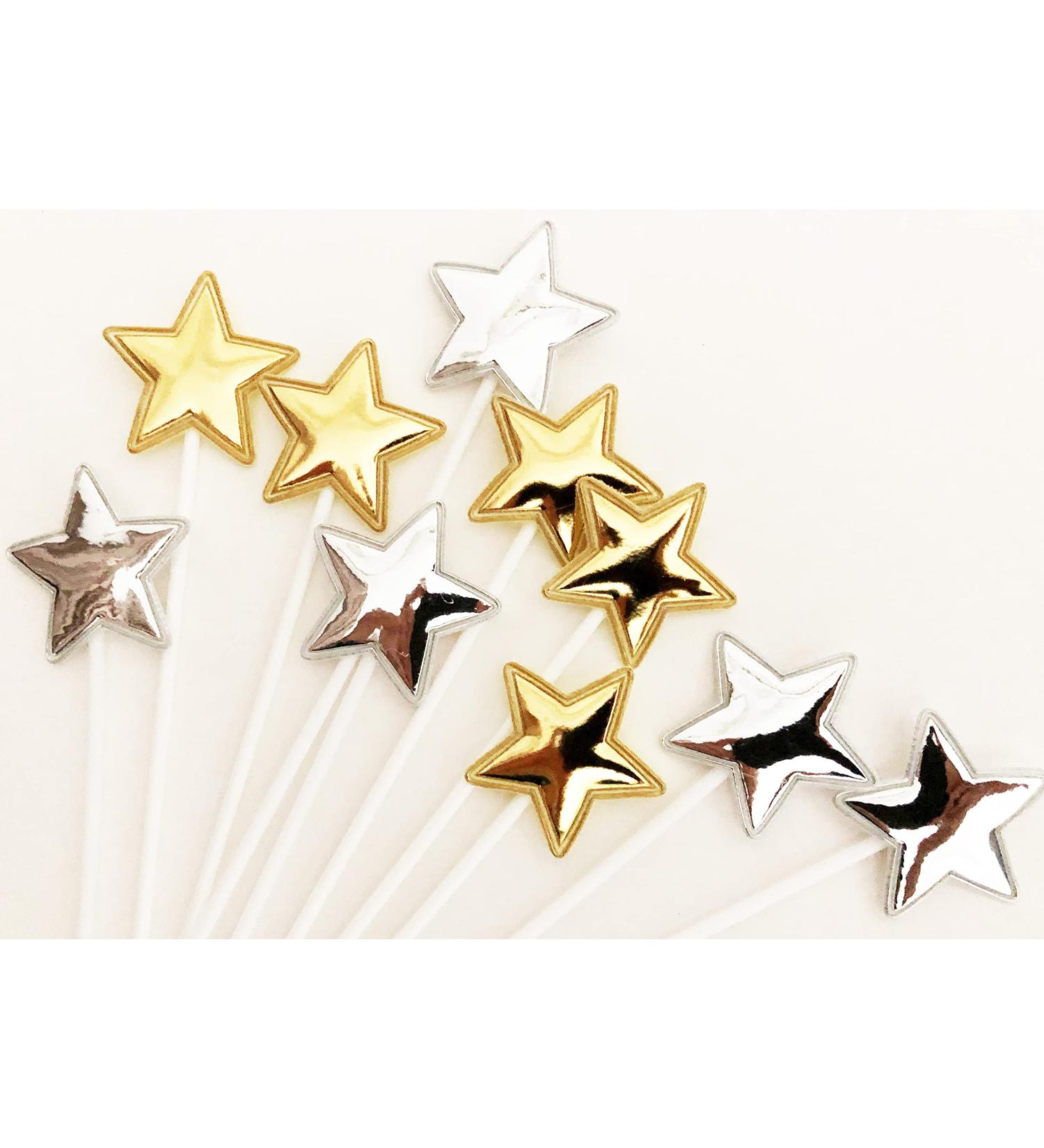 Ailexi Hand -made 10 leather reflective glitter cake piece for cake cup cake and ice cream - 5 gold and 5 silver stars gold/silver stars