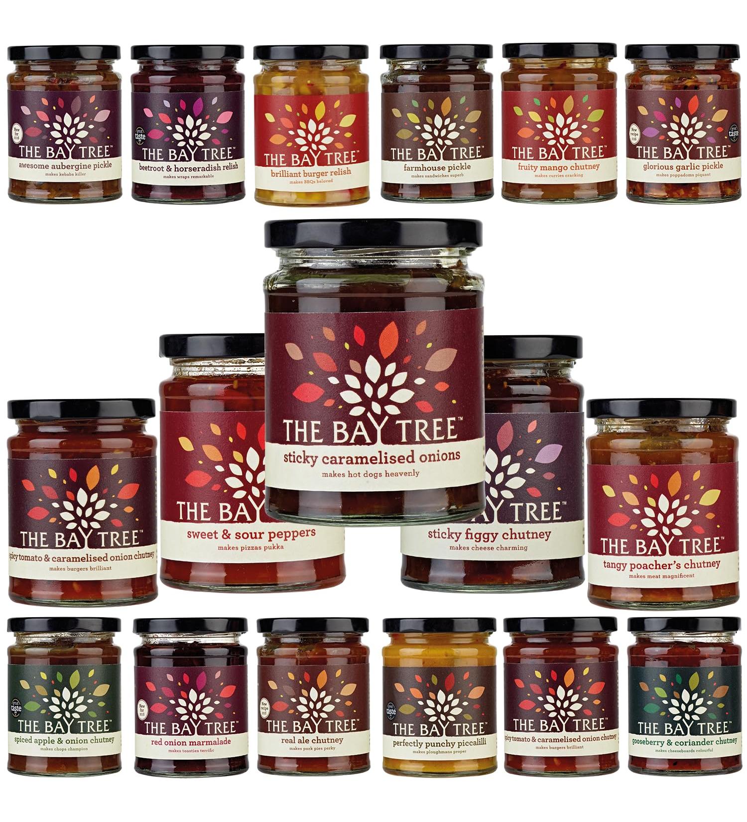 The Bay Tree Chutney Pickle Pick N Mix - Choose From 10+ Flavours | Spicy Tomato & Caramelised Onion Hot Chilli Sticky Figgy Fruity Mango Farmhouse Pickle & More - Pack of 4 - Buy Online on GoSupps.com