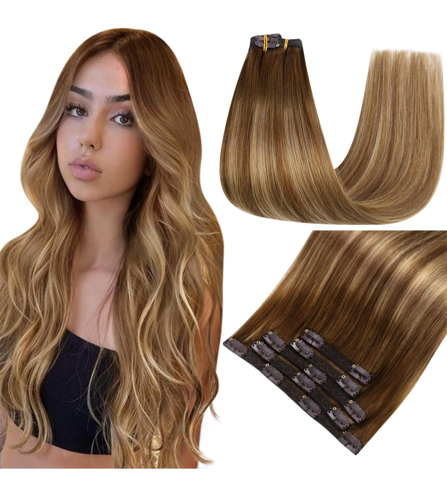 Easyouth Clip-In Hair Extensions - Real Remy Balayage 22-inch Medium Brown & Honey Blonde Mix | 5PCs 70g - Buy Online on GoSupps.com