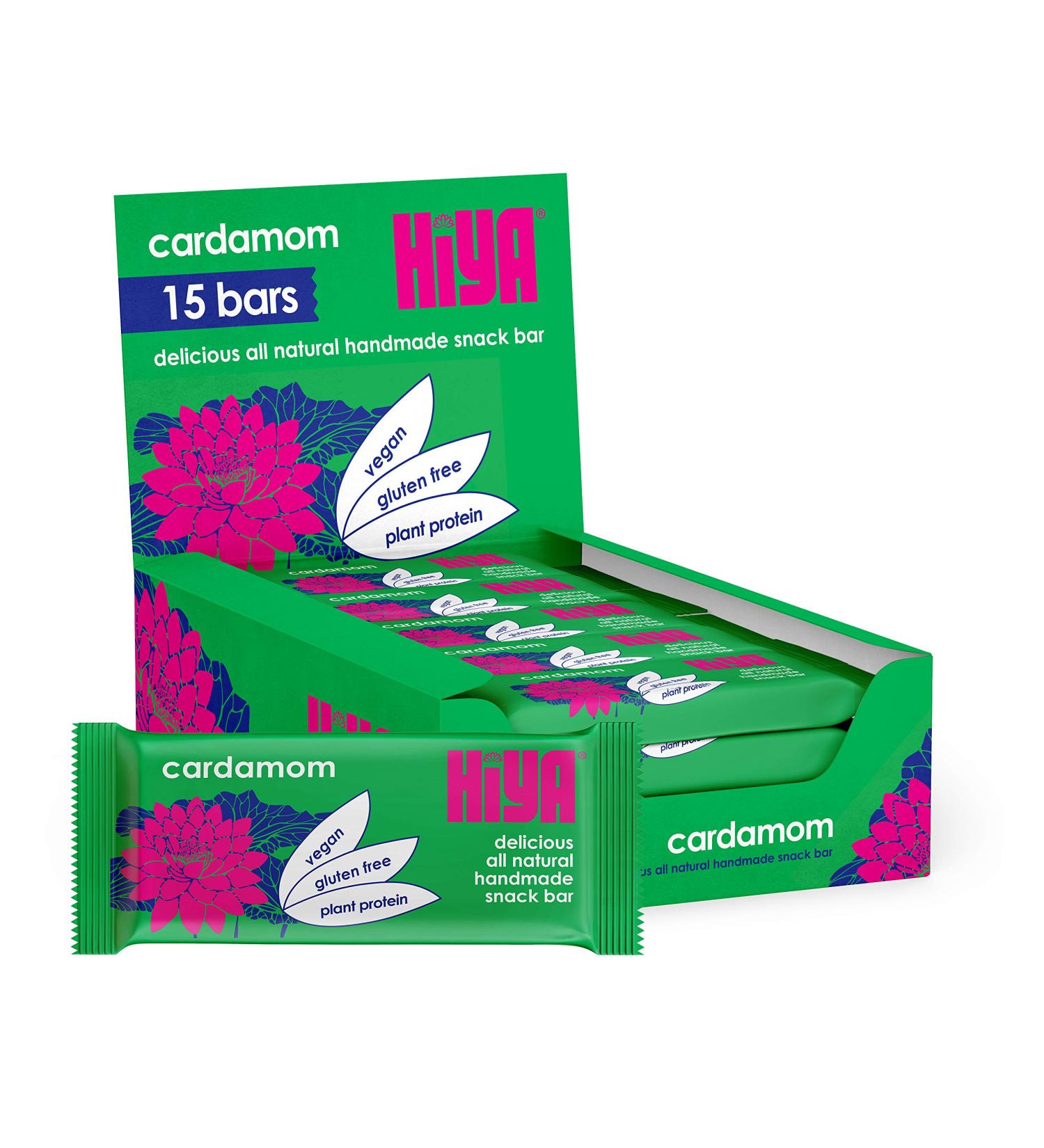 Hiya Snack Bars All Natural Vegan High Fibre Gluten Free Low GI Chickpea Based (Cardamom 15 bar box) Cardamom 15 bar box - Buy Online on GoSupps.com