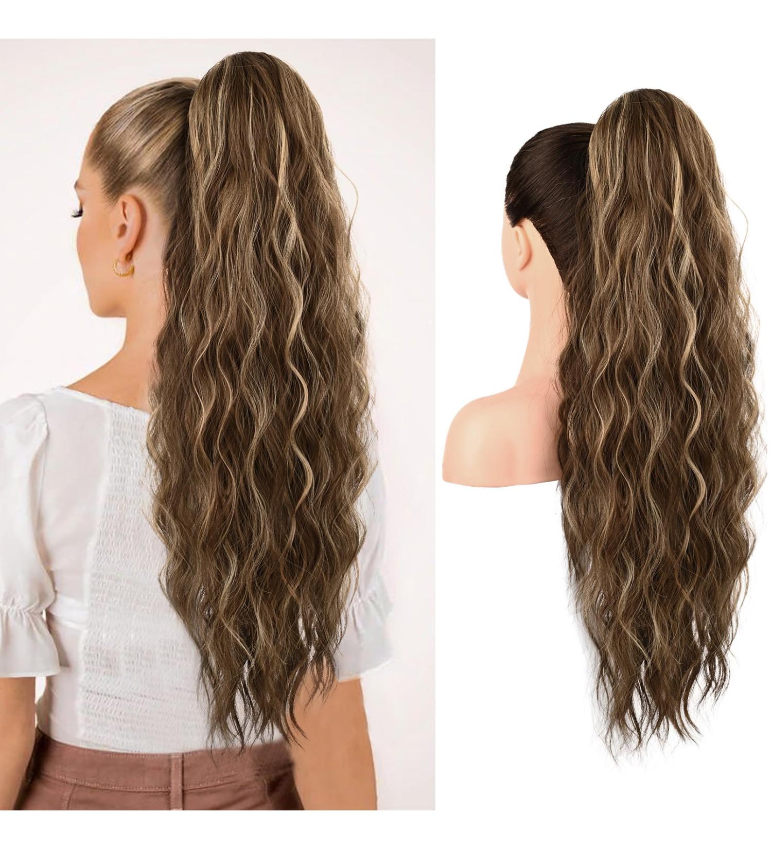 REECHO 26 Long Beach Wave Drawstring Ponytail Extension - Chocolate Brown with Blonde Highlights | Synthetic Hairpiece for Women - Buy Online on GoSupps.com